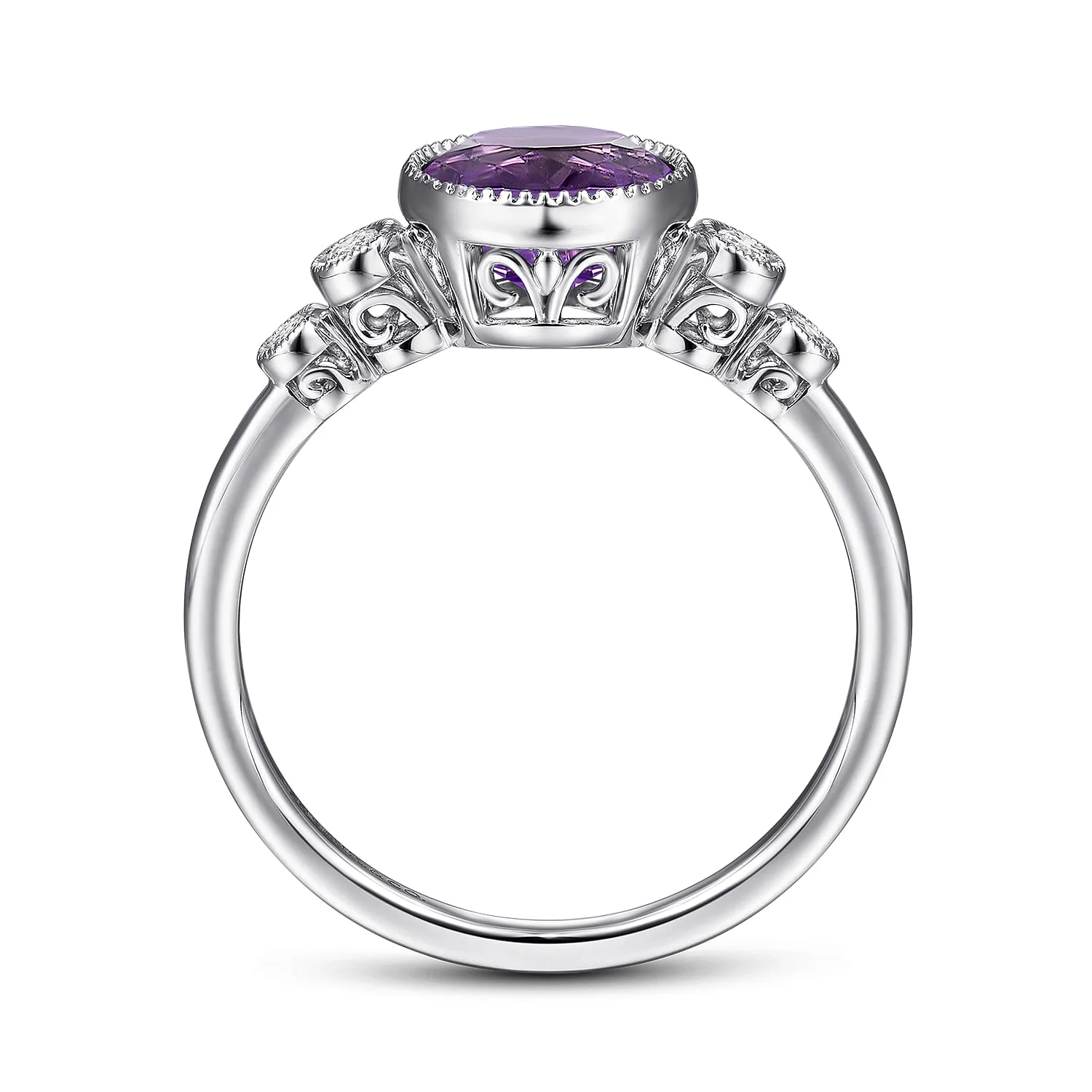 Round Bezel Set Amethyst and Diamond Promise Ring in 14K White Gold, photograph 2