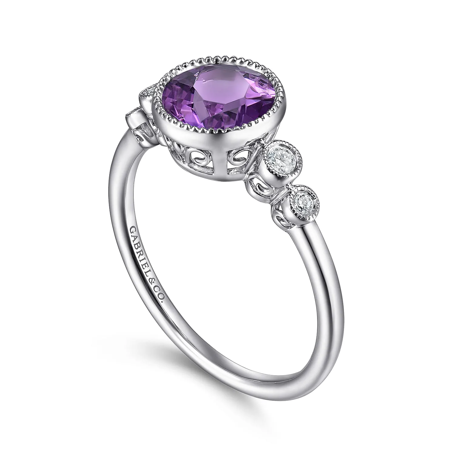 Round Bezel Set Amethyst and Diamond Promise Ring in 14K White Gold, photograph 3