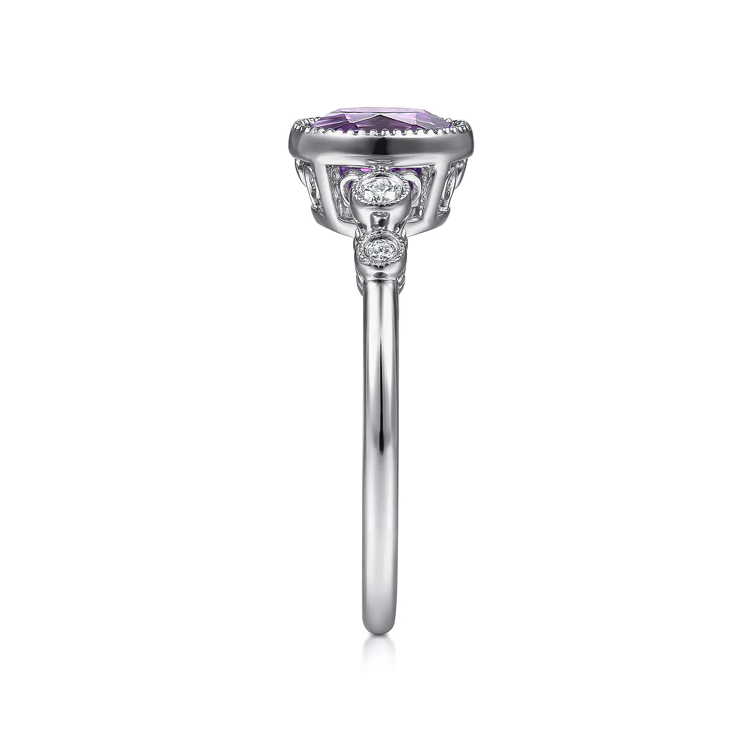 Round Bezel Set Amethyst and Diamond Promise Ring in 14K White Gold, photograph 4