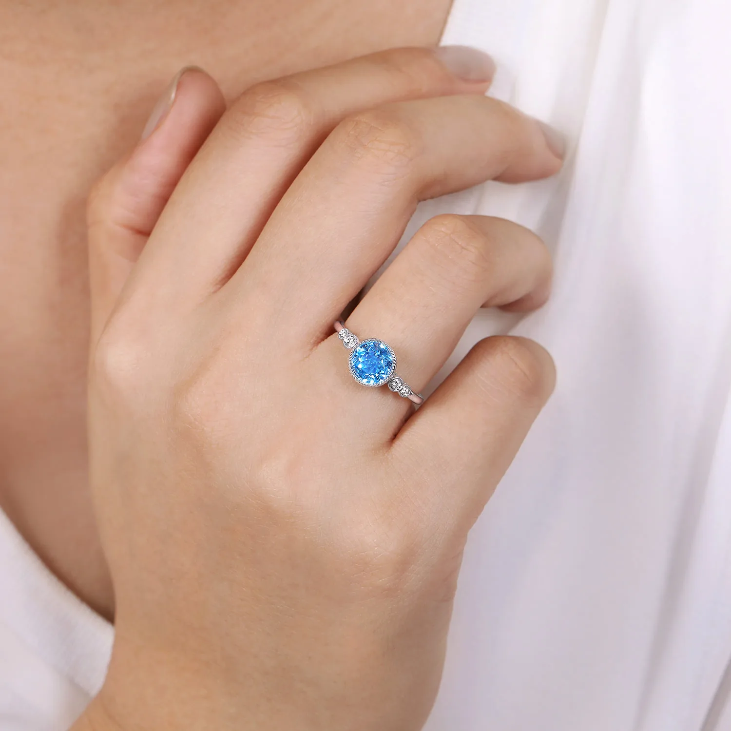 Blue Topaz and Diamond Promise Ring in 14K White Gold, photograph 5