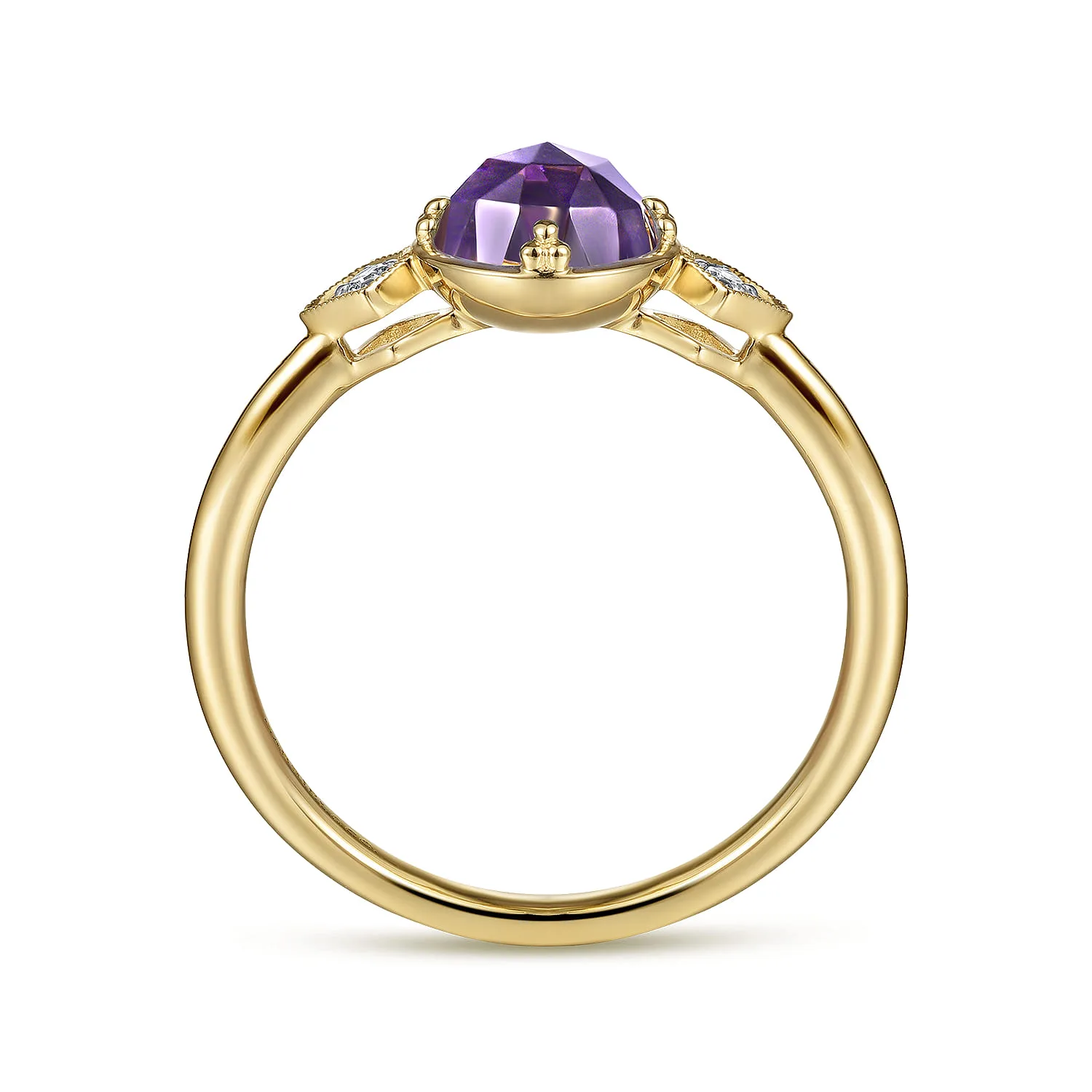 Three Stone Amethyst and Diamond Promise Ring in 14K Yellow Gold, photograph 2