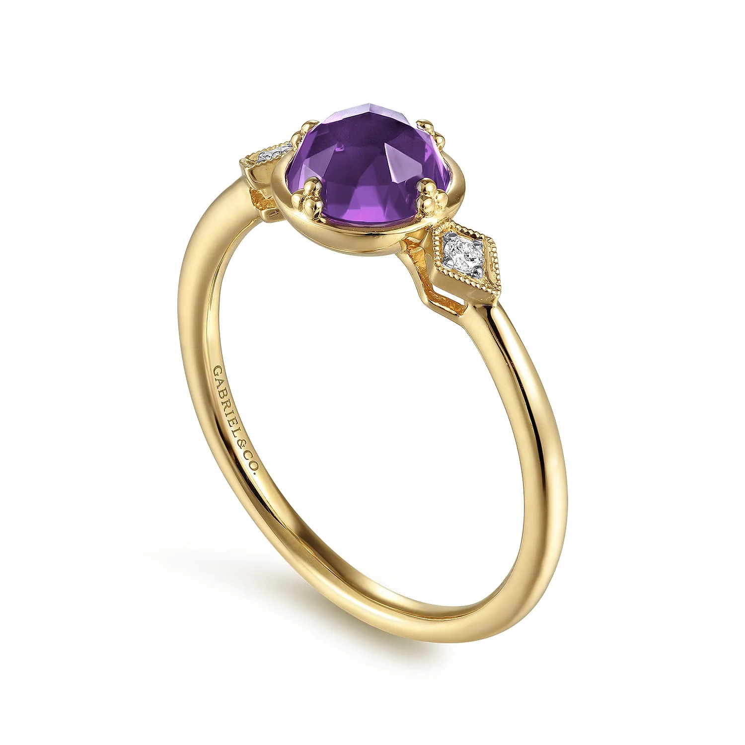 Three Stone Amethyst and Diamond Promise Ring in 14K Yellow Gold, photograph 3