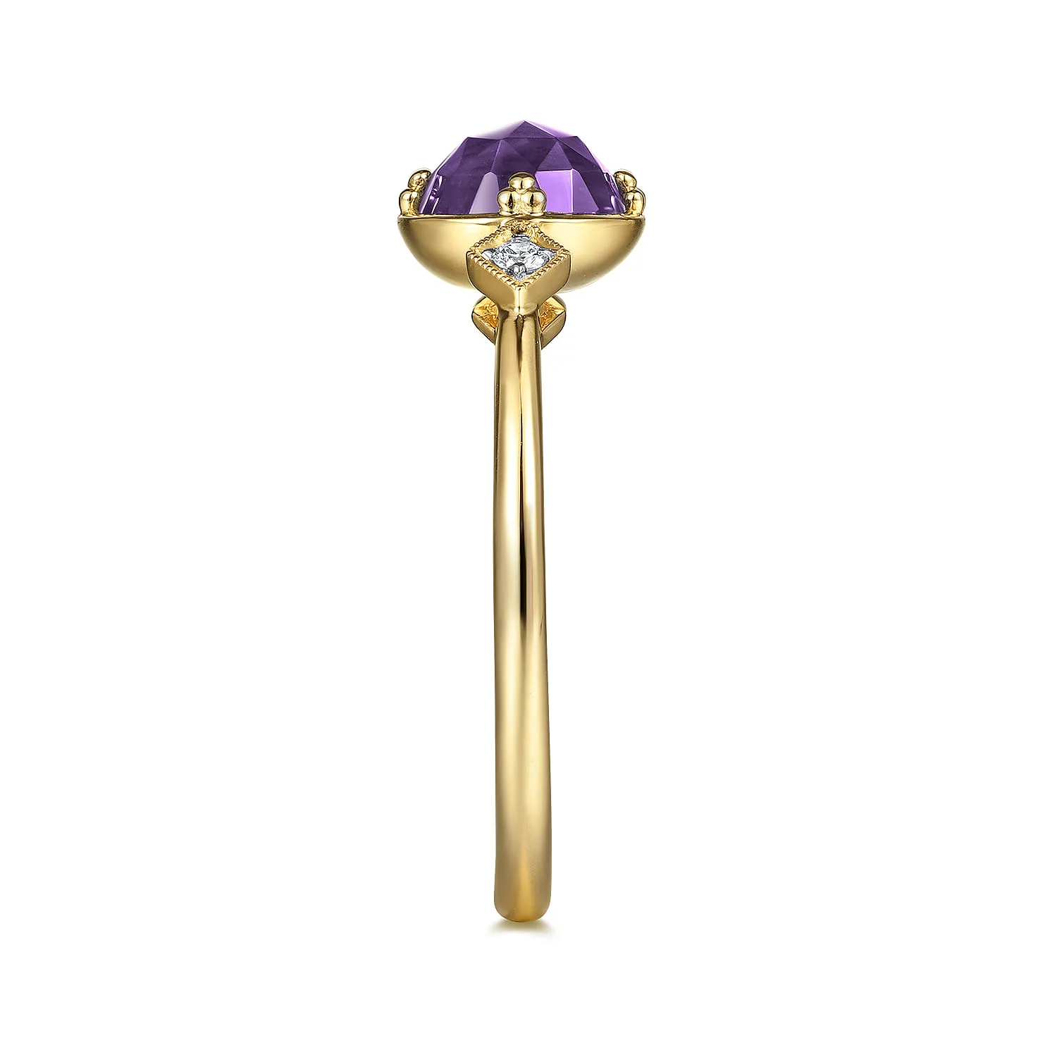 Three Stone Amethyst and Diamond Promise Ring in 14K Yellow Gold, photograph 4