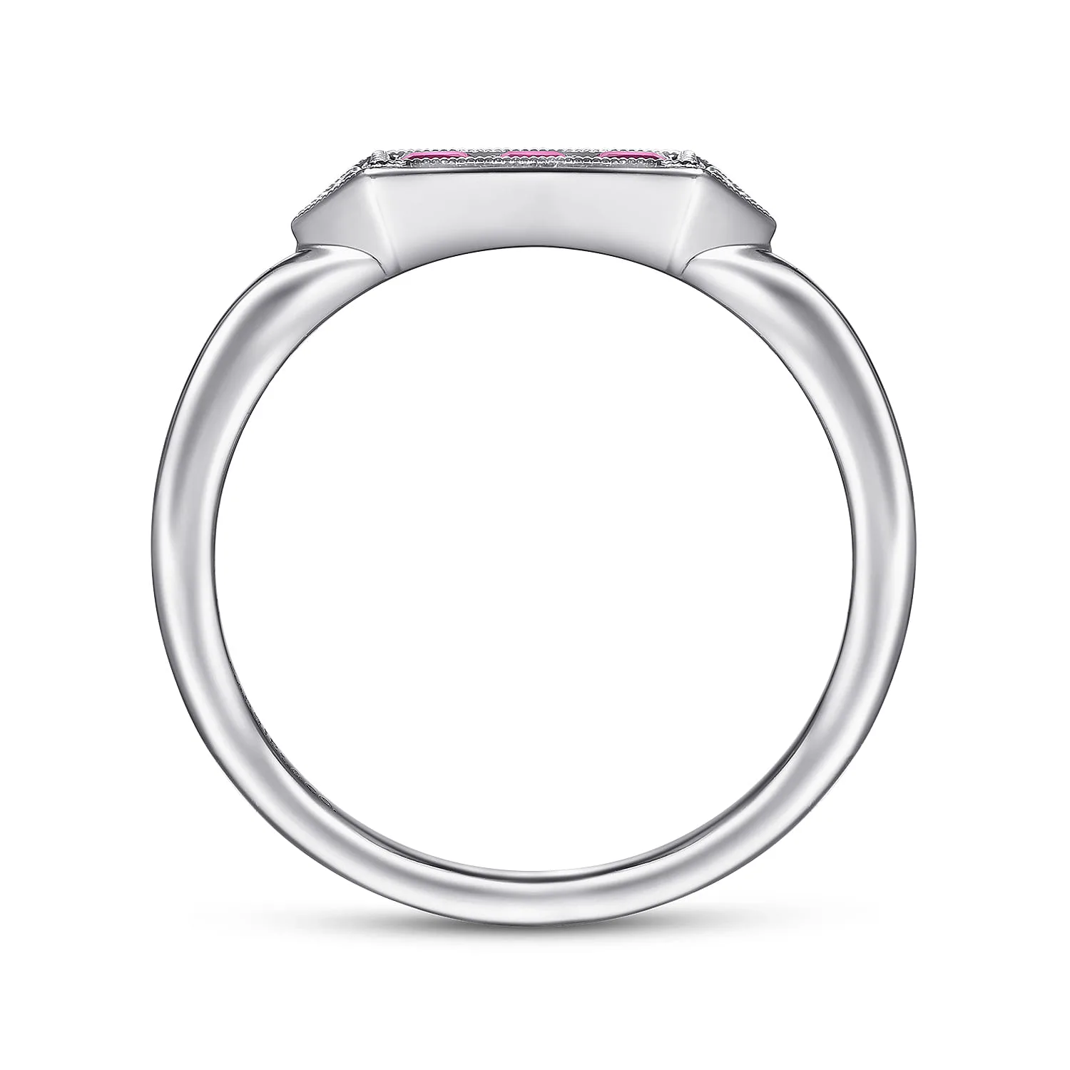 Diamond and Trio Princess Cut Ruby Promise Ring in 14K White Gold, photograph 2