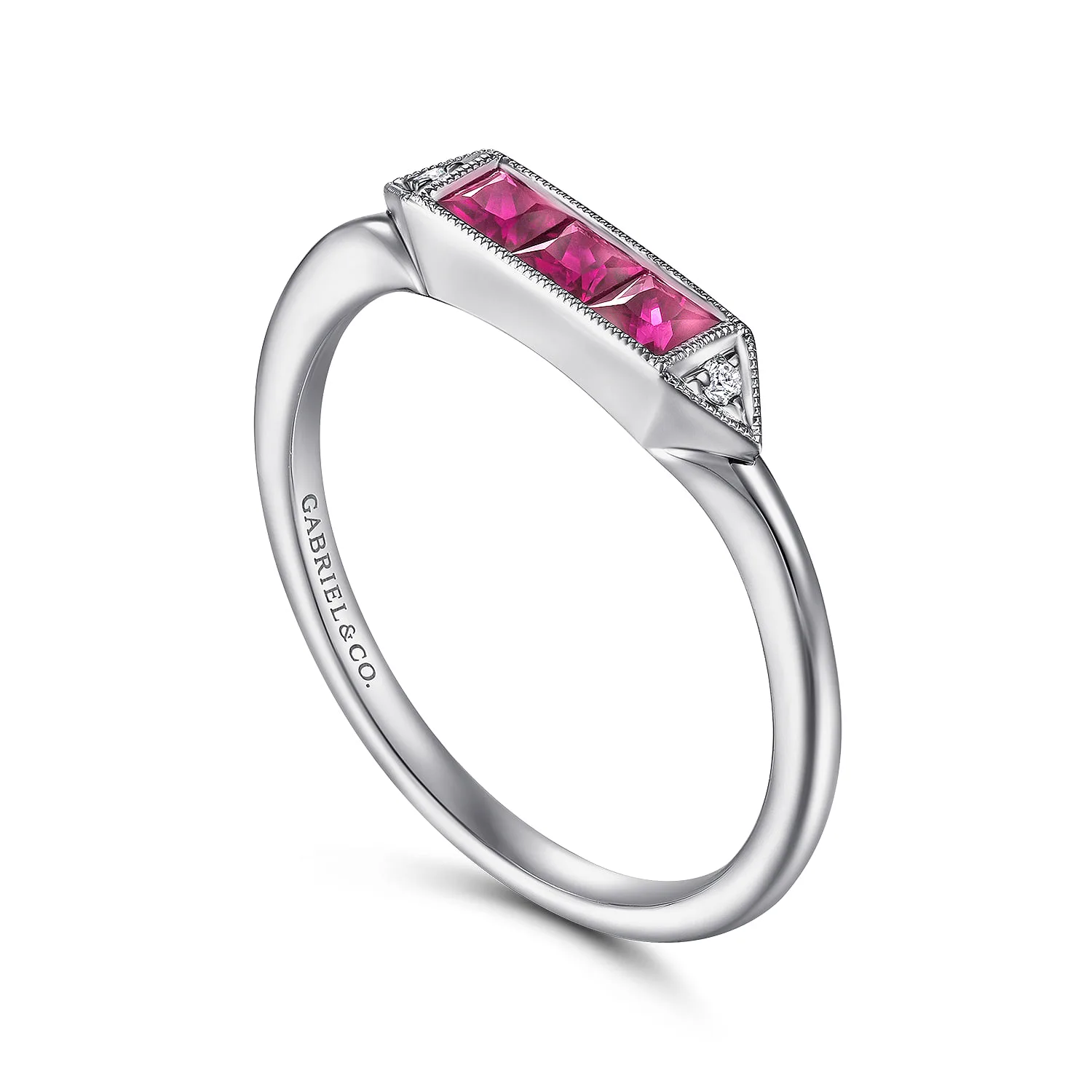 Diamond and Trio Princess Cut Ruby Promise Ring in 14K White Gold, photograph 3