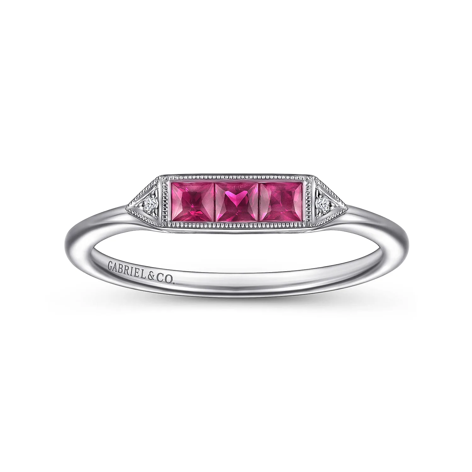 Diamond and Trio Princess Cut Ruby Promise Ring in 14K White Gold, photograph 4