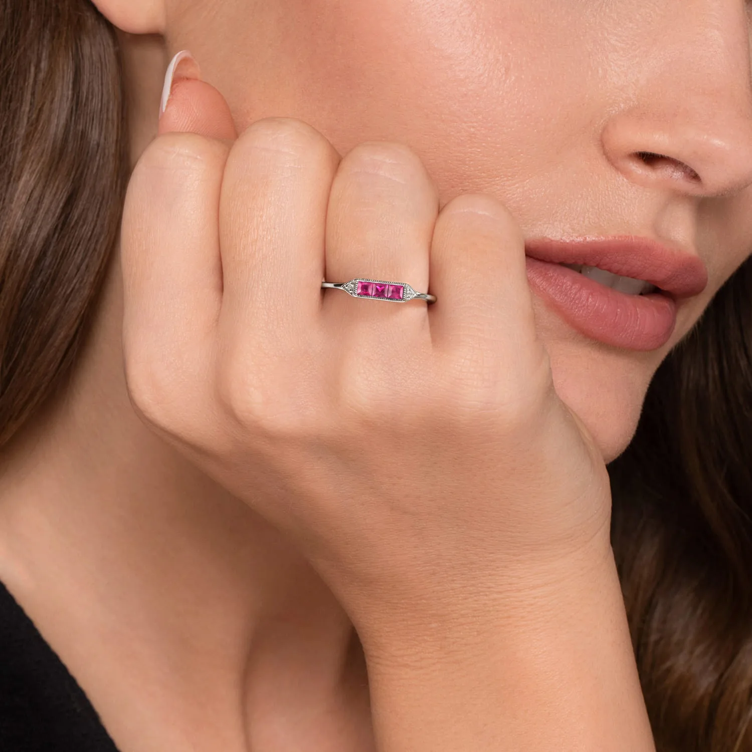 Diamond and Trio Princess Cut Ruby Promise Ring in 14K White Gold, photograph 5