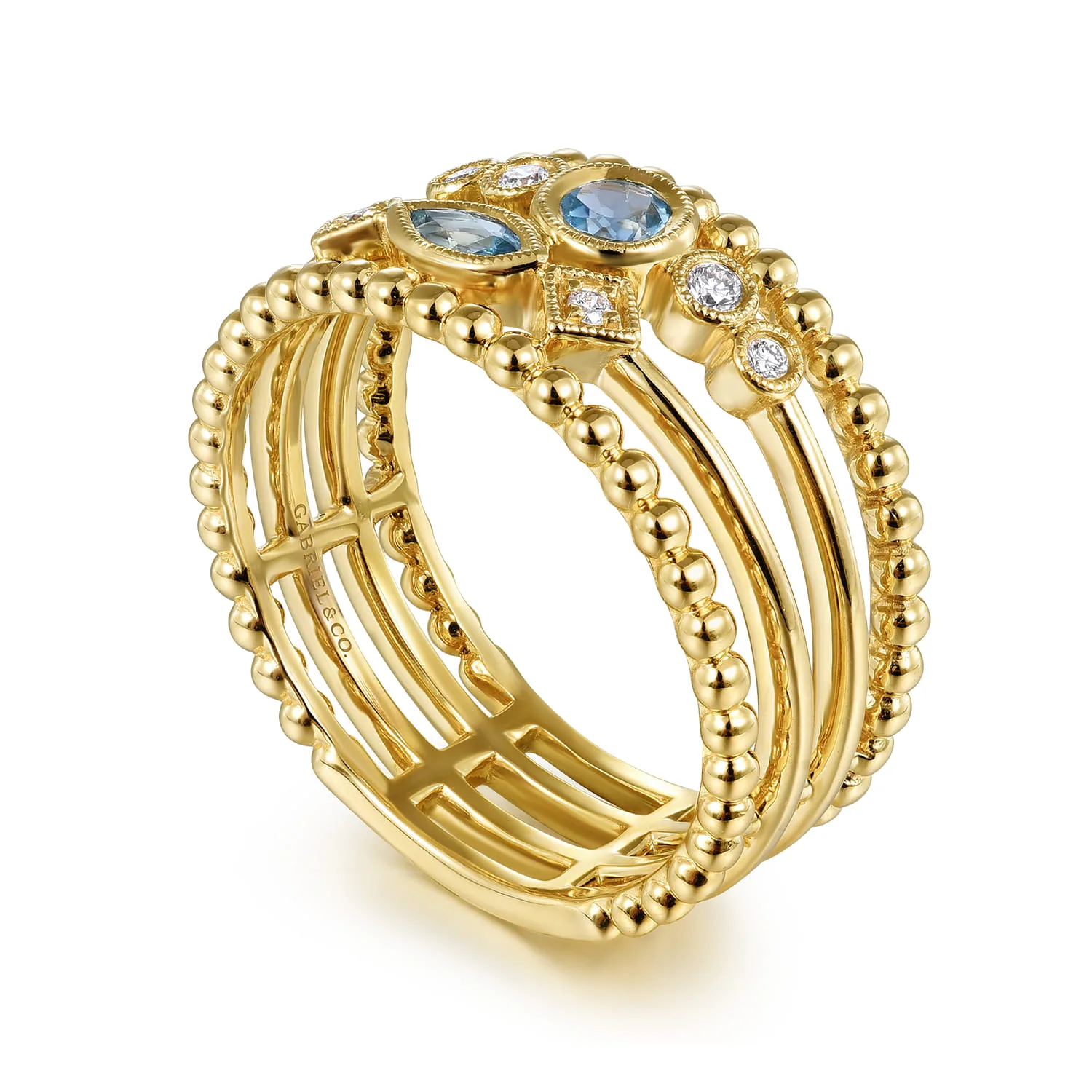 Swiss Blue Topaz and Diamond Multi Row Ring in 14K Yellow Gold, photograph 3