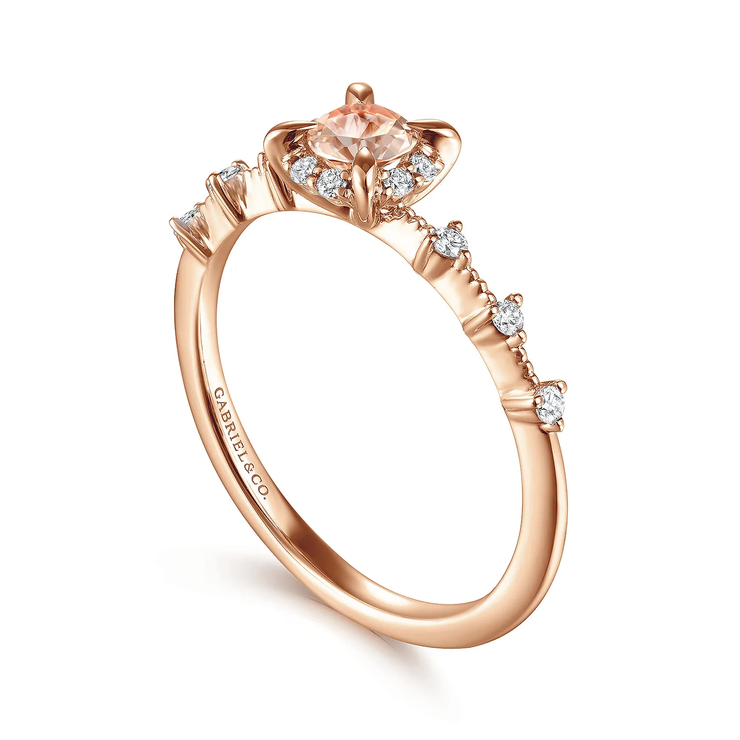 Round Morganite and Diamond Halo Ring in 14K Rose Gold, photograph 3
