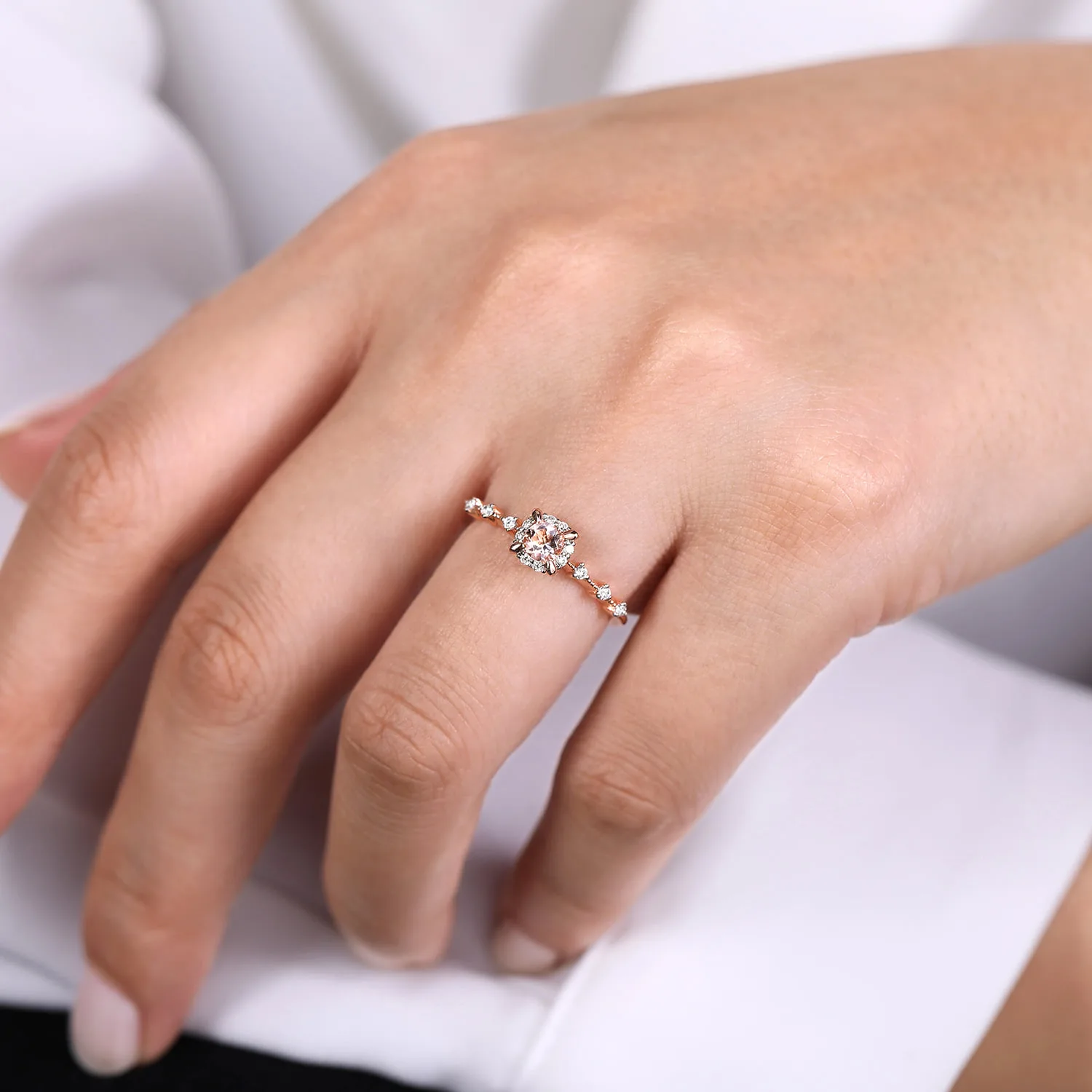 Round Morganite and Diamond Halo Ring in 14K Rose Gold, photograph 5