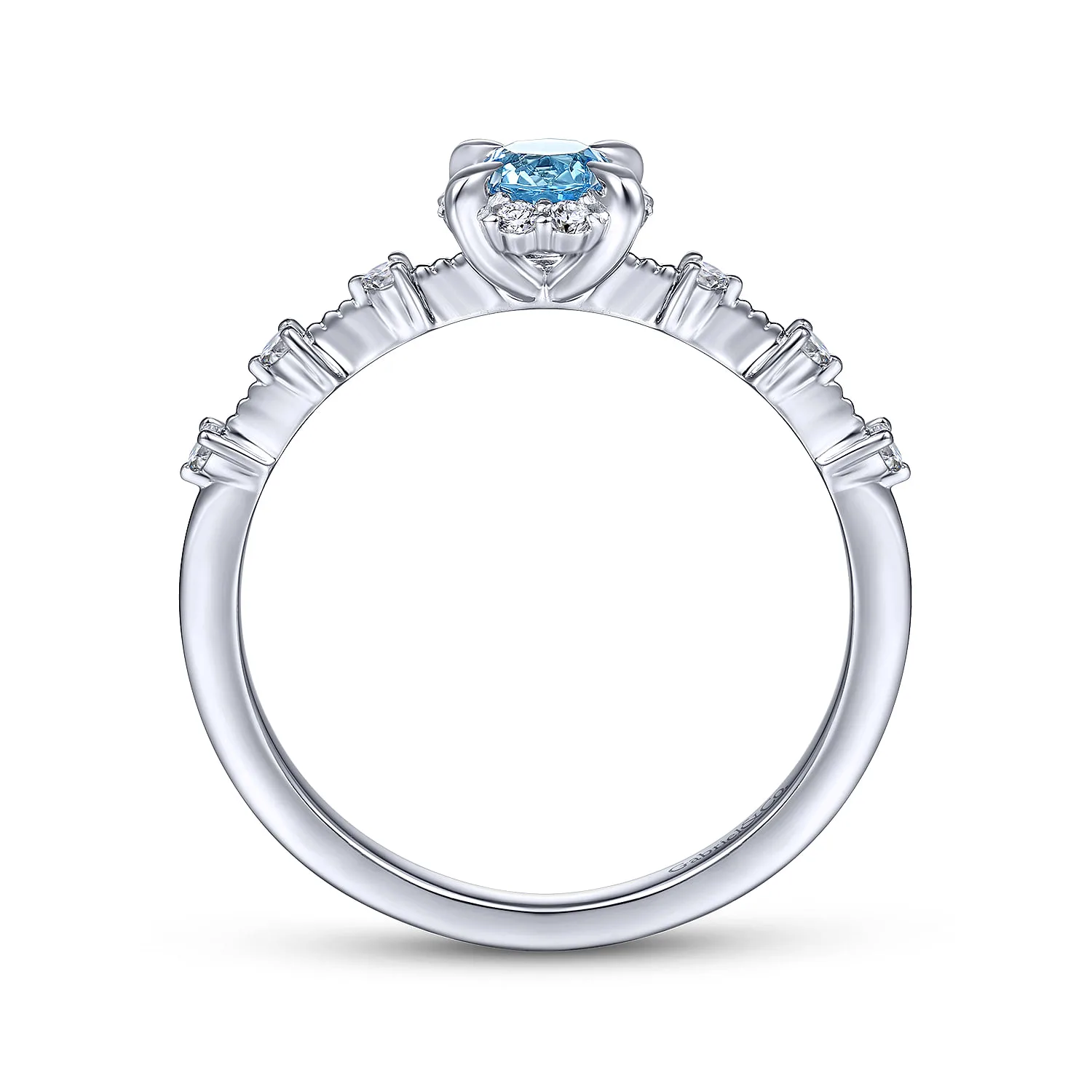 Round Blue Topaz and Diamond Halo Promise Ring in 14K White Gold, photograph 2