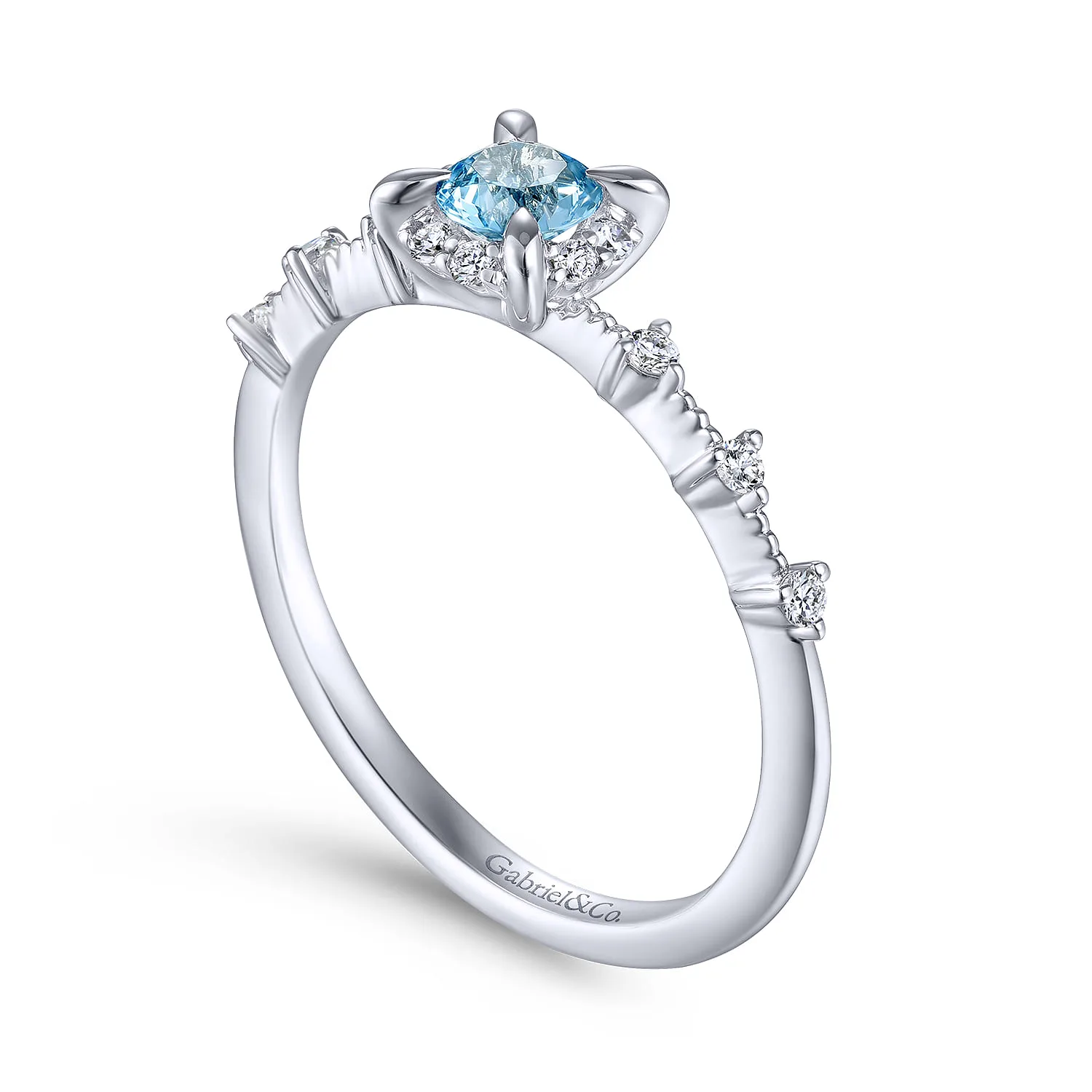 Round Blue Topaz and Diamond Halo Promise Ring in 14K White Gold, photograph 3