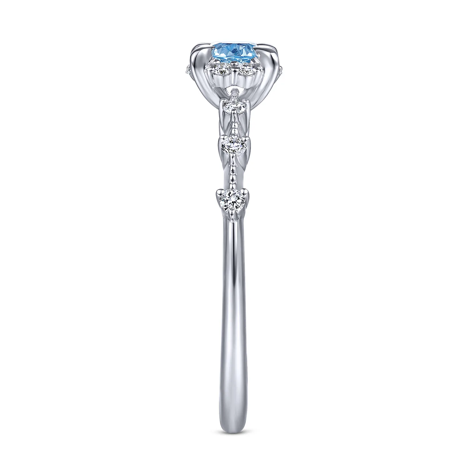 Round Blue Topaz and Diamond Halo Promise Ring in 14K White Gold, photograph 4