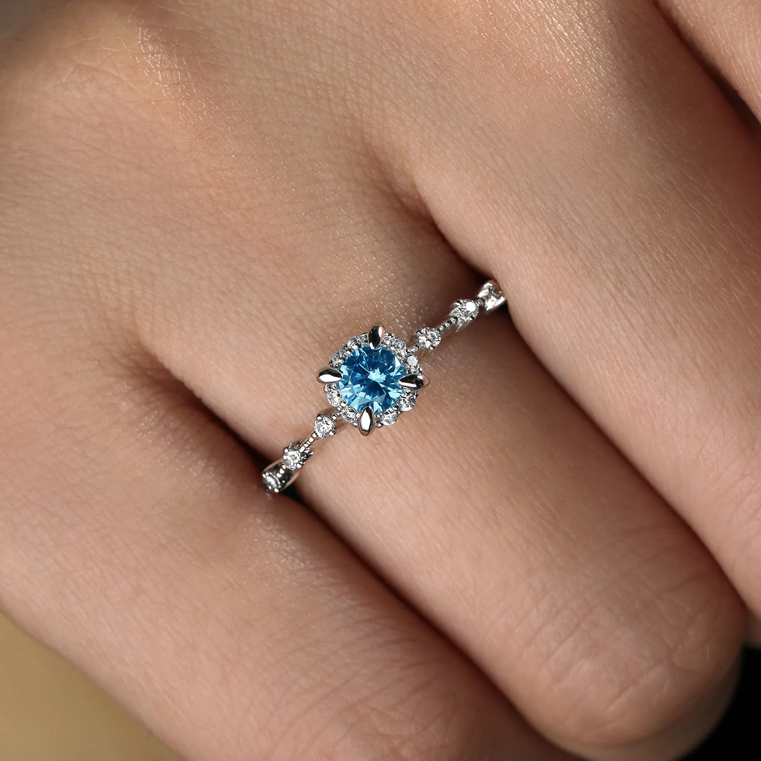 Round Blue Topaz and Diamond Halo Promise Ring in 14K White Gold, photograph 5