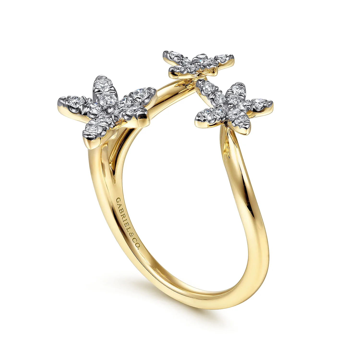 Pave Diamond Floral Open Ring in 14K Yellow Gold, photograph 3