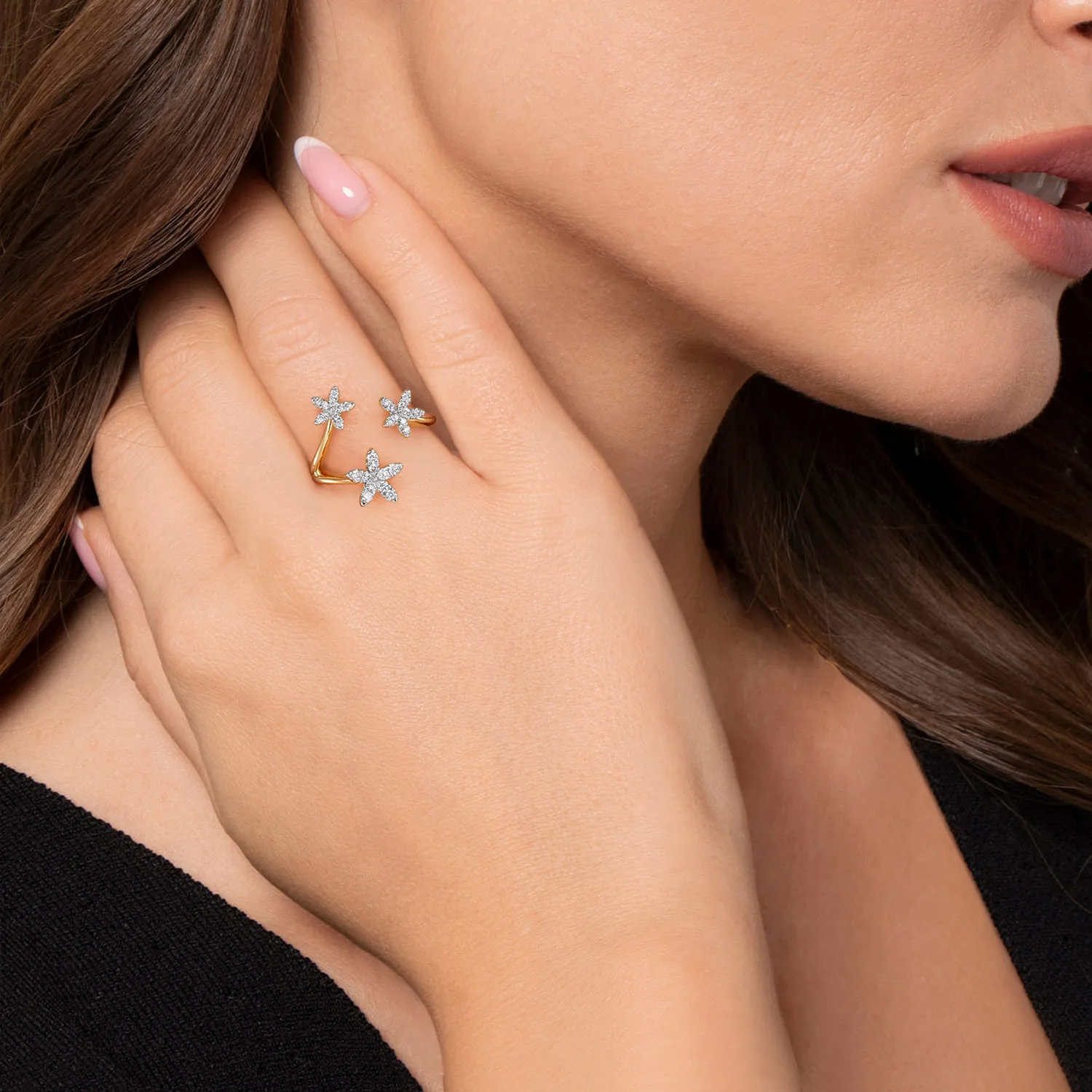 Pave Diamond Floral Open Ring in 14K Yellow Gold, photograph 5