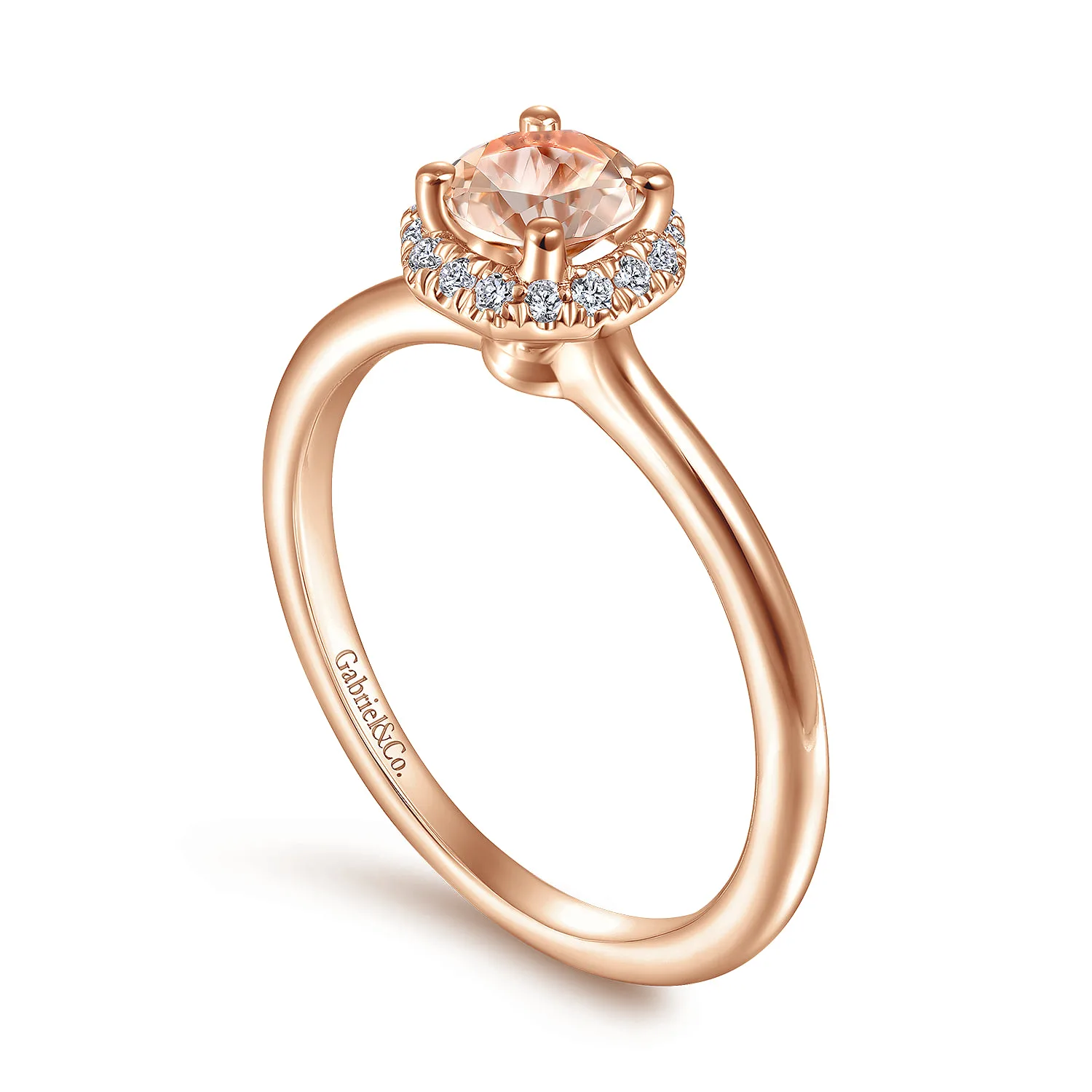 Octagonal Diamond Halo Round Morganite Promise Ring in 14K Rose Gold, photograph 3