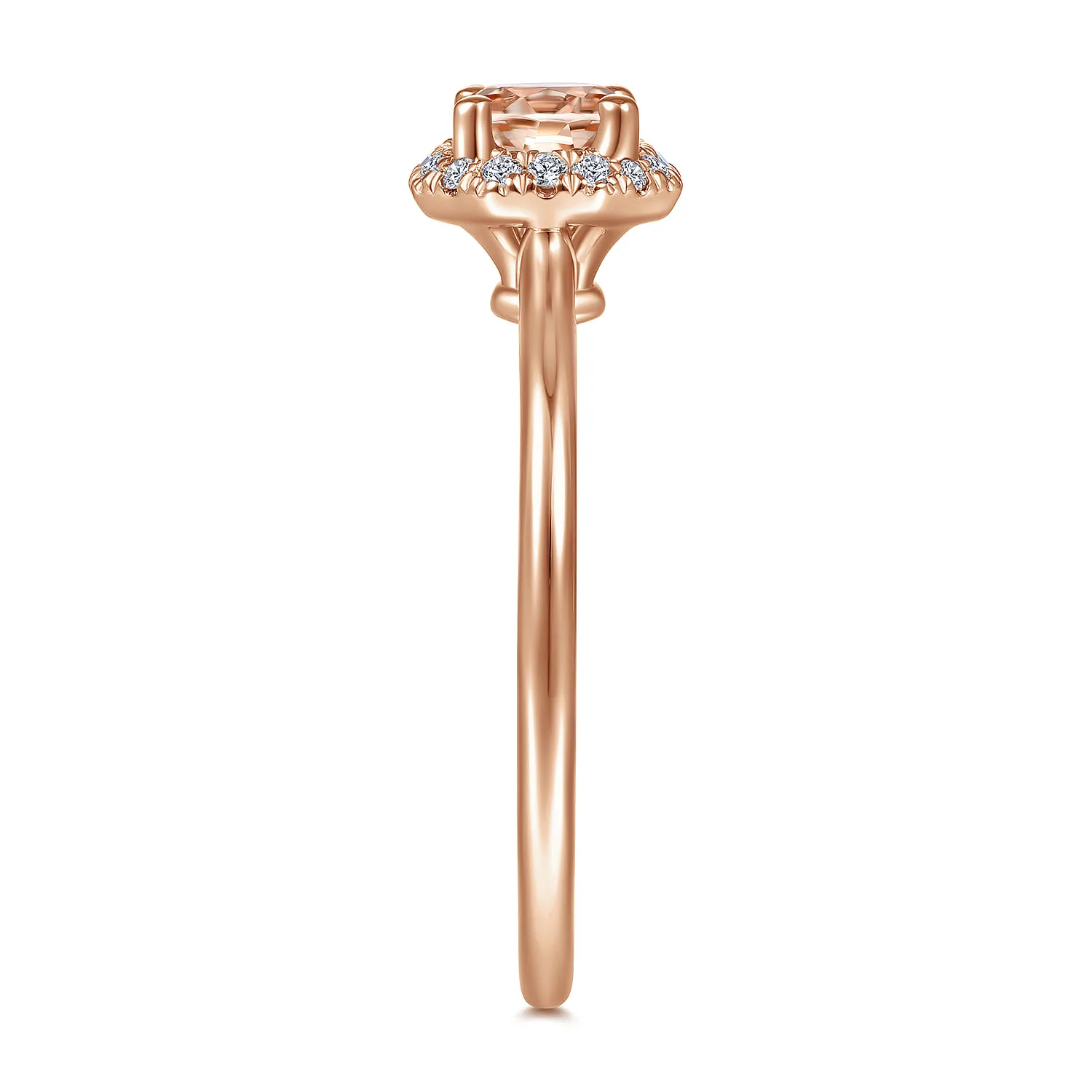 Octagonal Diamond Halo Round Morganite Promise Ring in 14K Rose Gold, photograph 4
