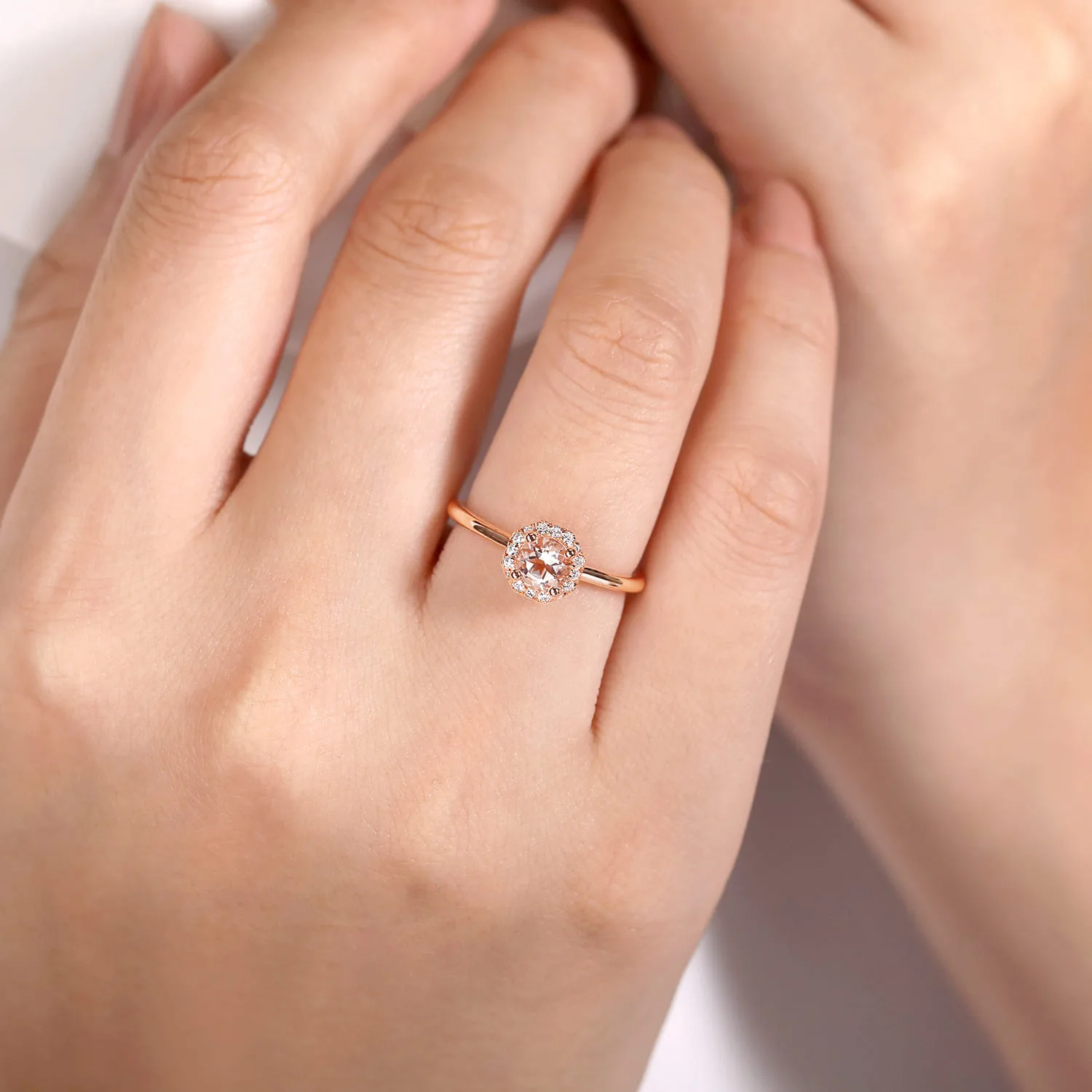 Octagonal Diamond Halo Round Morganite Promise Ring in 14K Rose Gold, photograph 5