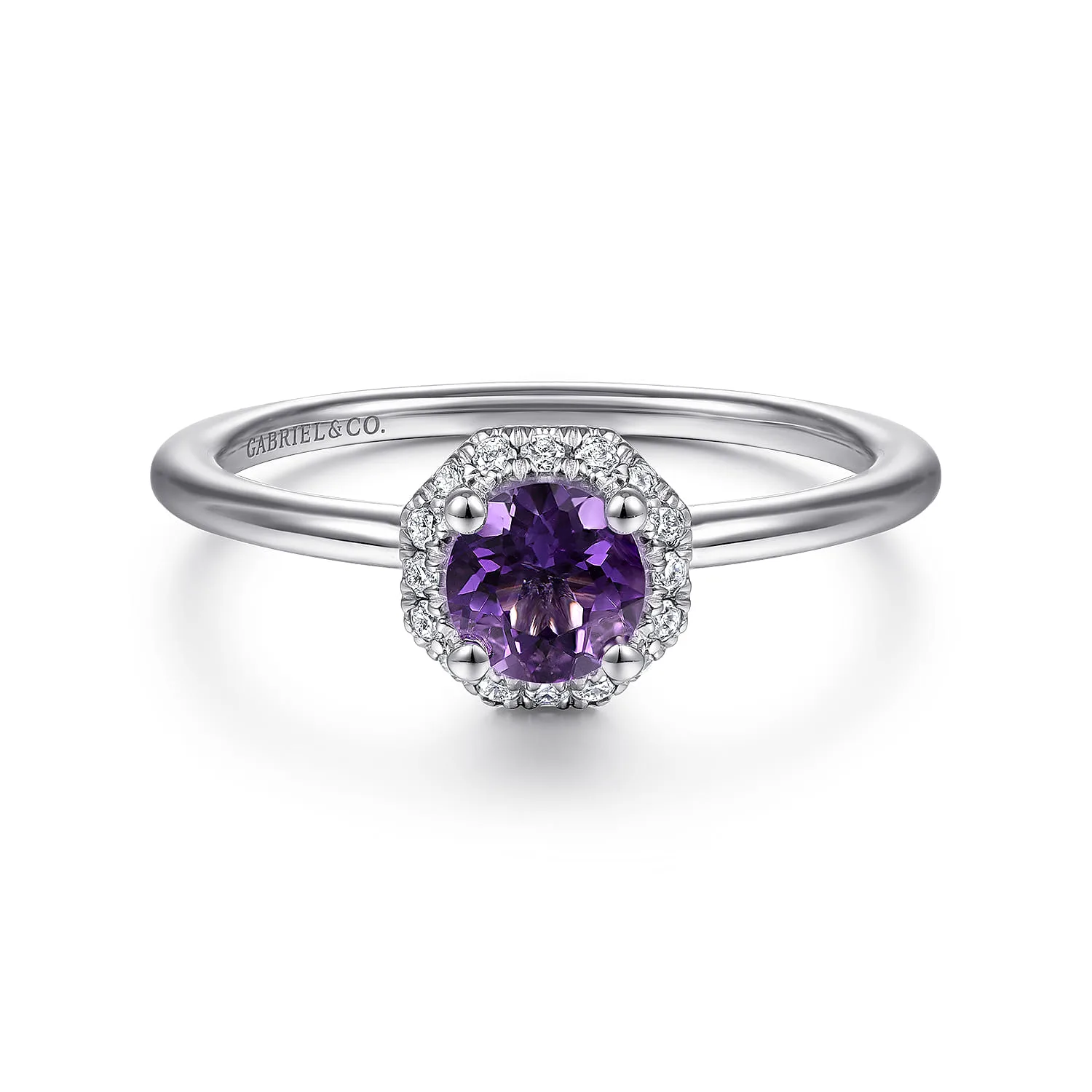 Hexagonal Diamond Halo and Round Amethyst Promise Ring