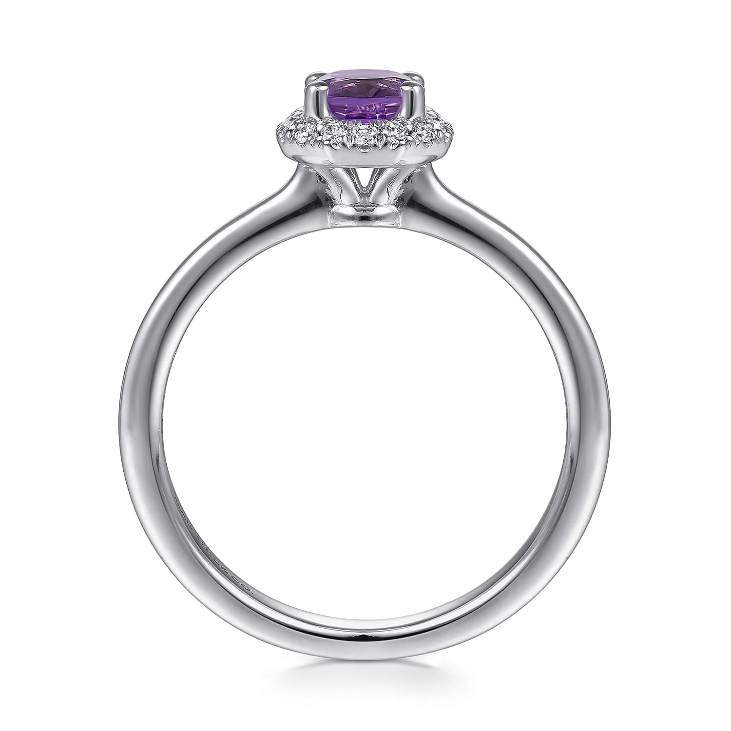 Hexagonal Diamond Halo and Round Amethyst Promise Ring in 14K White Gold, photograph 2