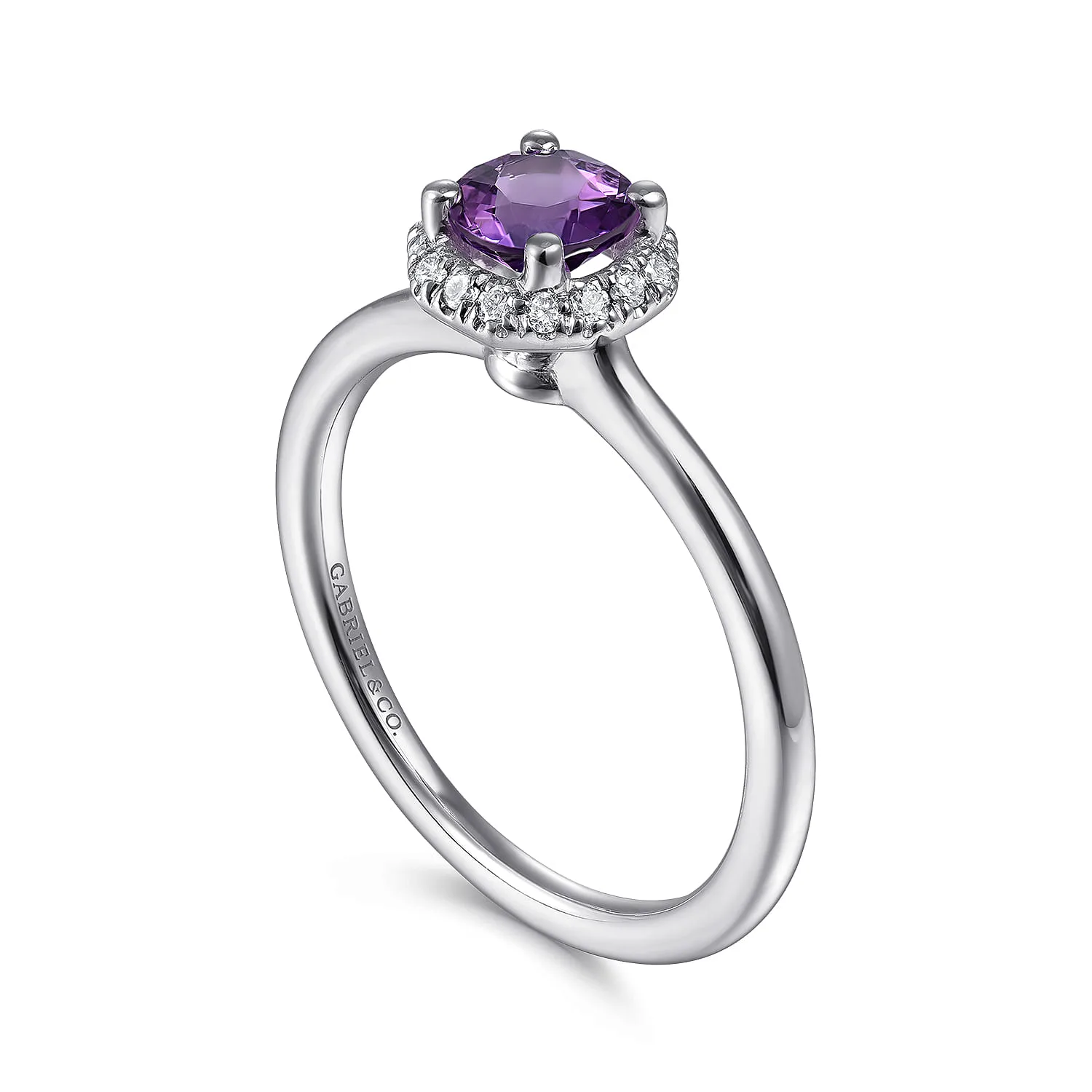 Hexagonal Diamond Halo and Round Amethyst Promise Ring in 14K White Gold, photograph 3