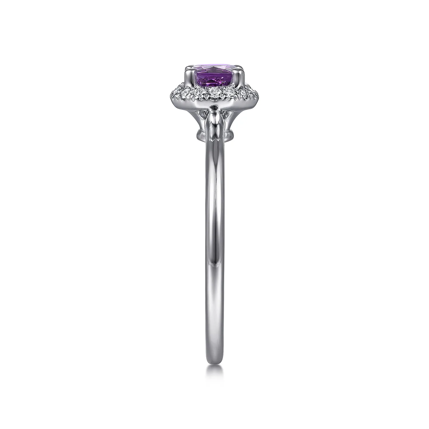 Hexagonal Diamond Halo and Round Amethyst Promise Ring in 14K White Gold, photograph 4