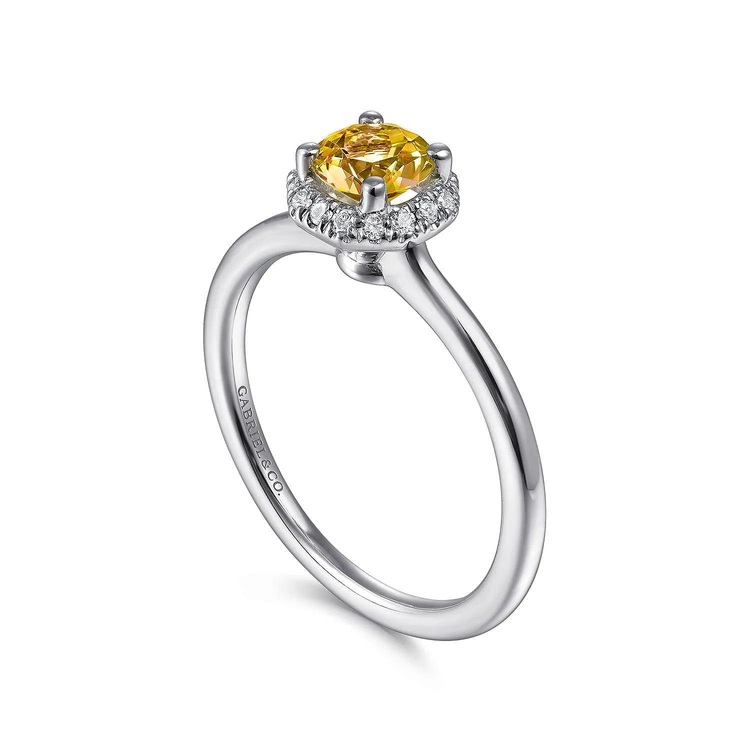 Octagonal Halo Citrine and Diamond Promise Ring in 14K White Gold, photograph 3