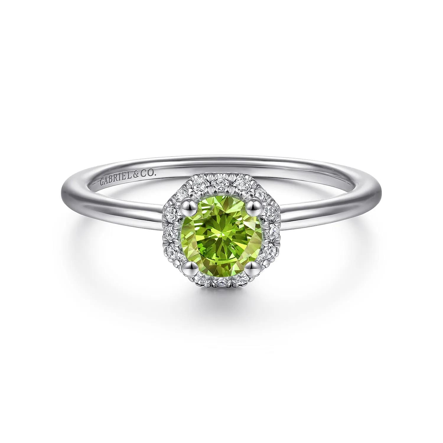 Round Peridot and Hexagon Diamond Halo Promise Ring