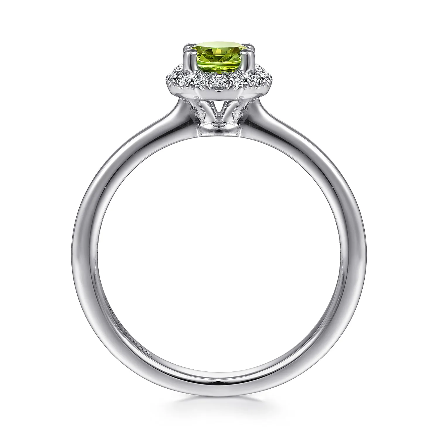 Round Peridot and Hexagon Diamond Halo Promise Ring in 14K White Gold, photograph 2