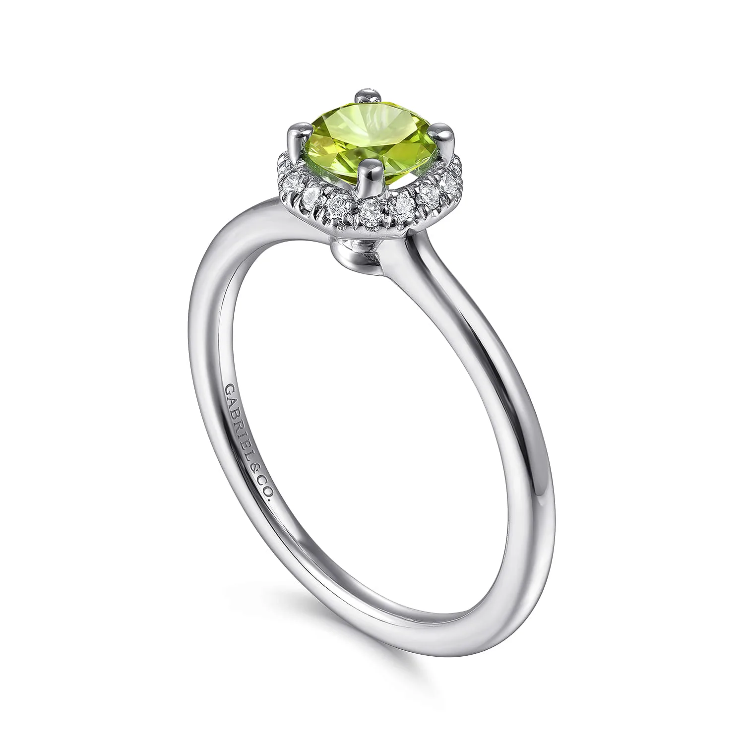 Round Peridot and Hexagon Diamond Halo Promise Ring in 14K White Gold, photograph 3