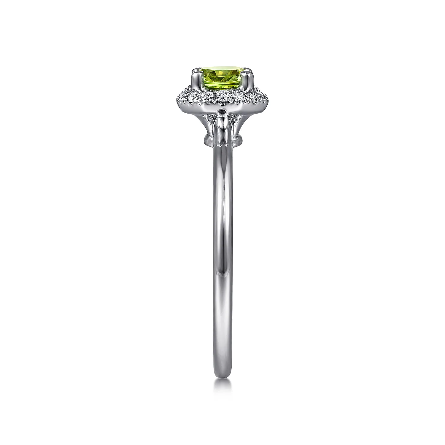 Round Peridot and Hexagon Diamond Halo Promise Ring in 14K White Gold, photograph 4