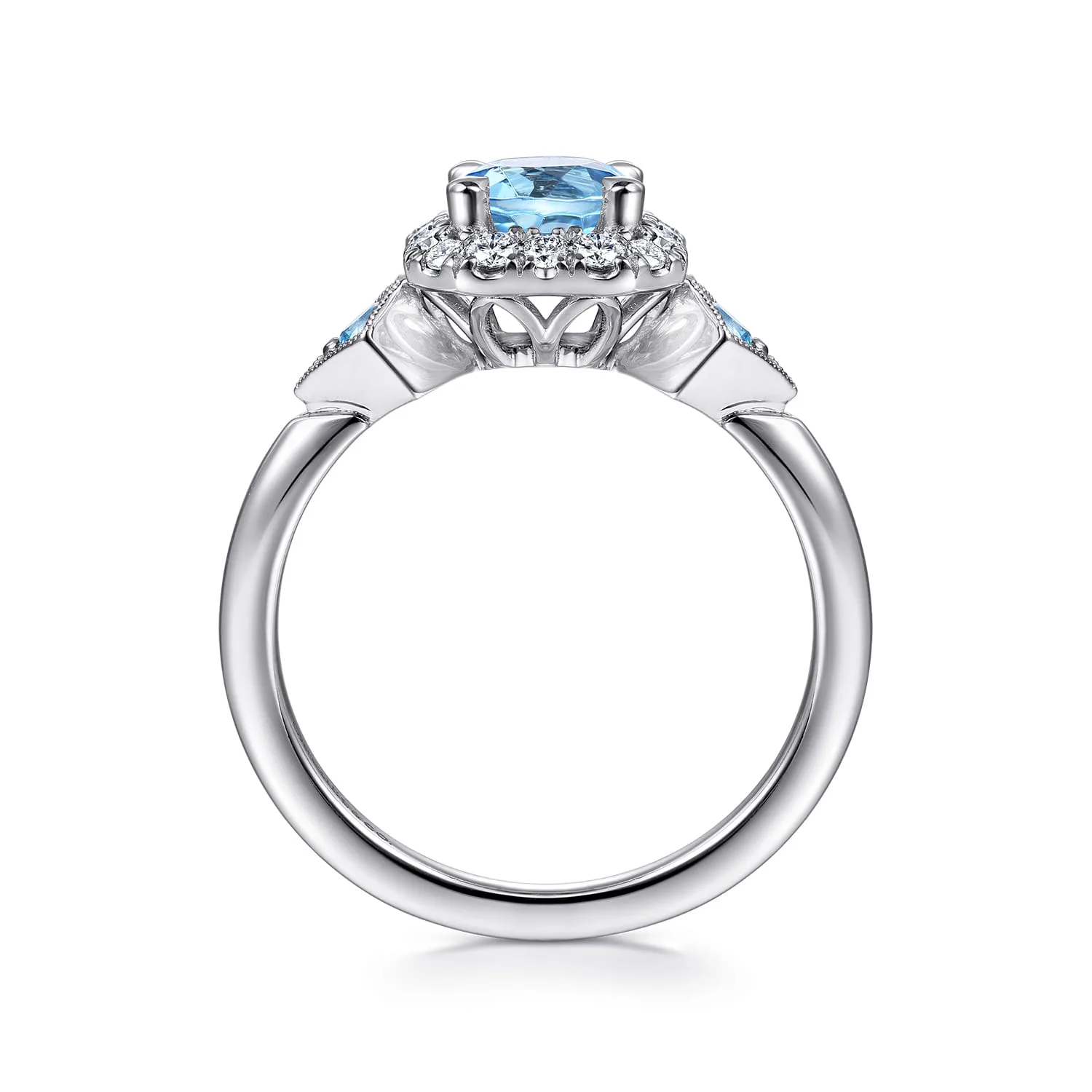 Three Stone Blue Topaz and Diamond Halo Ring in 14K White Gold, photograph 2