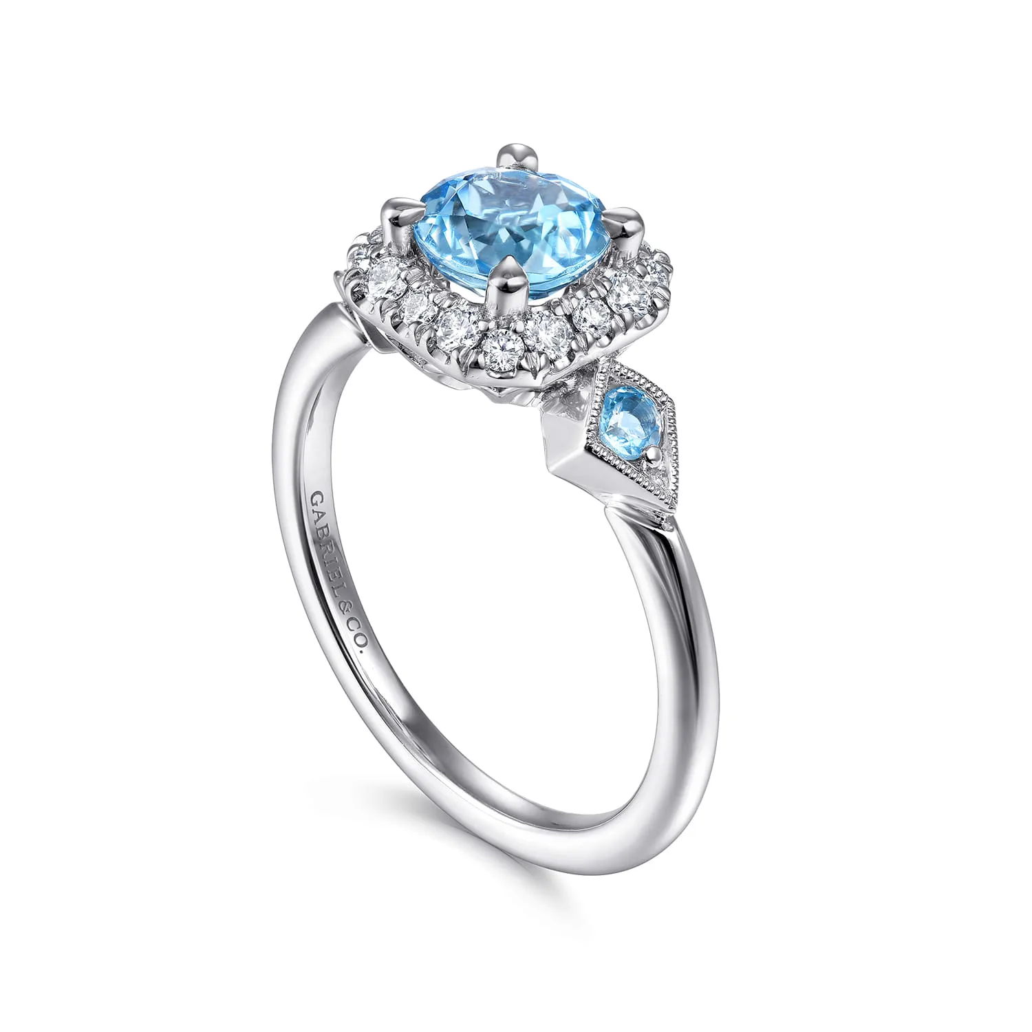 Three Stone Blue Topaz and Diamond Halo Ring in 14K White Gold, photograph 3
