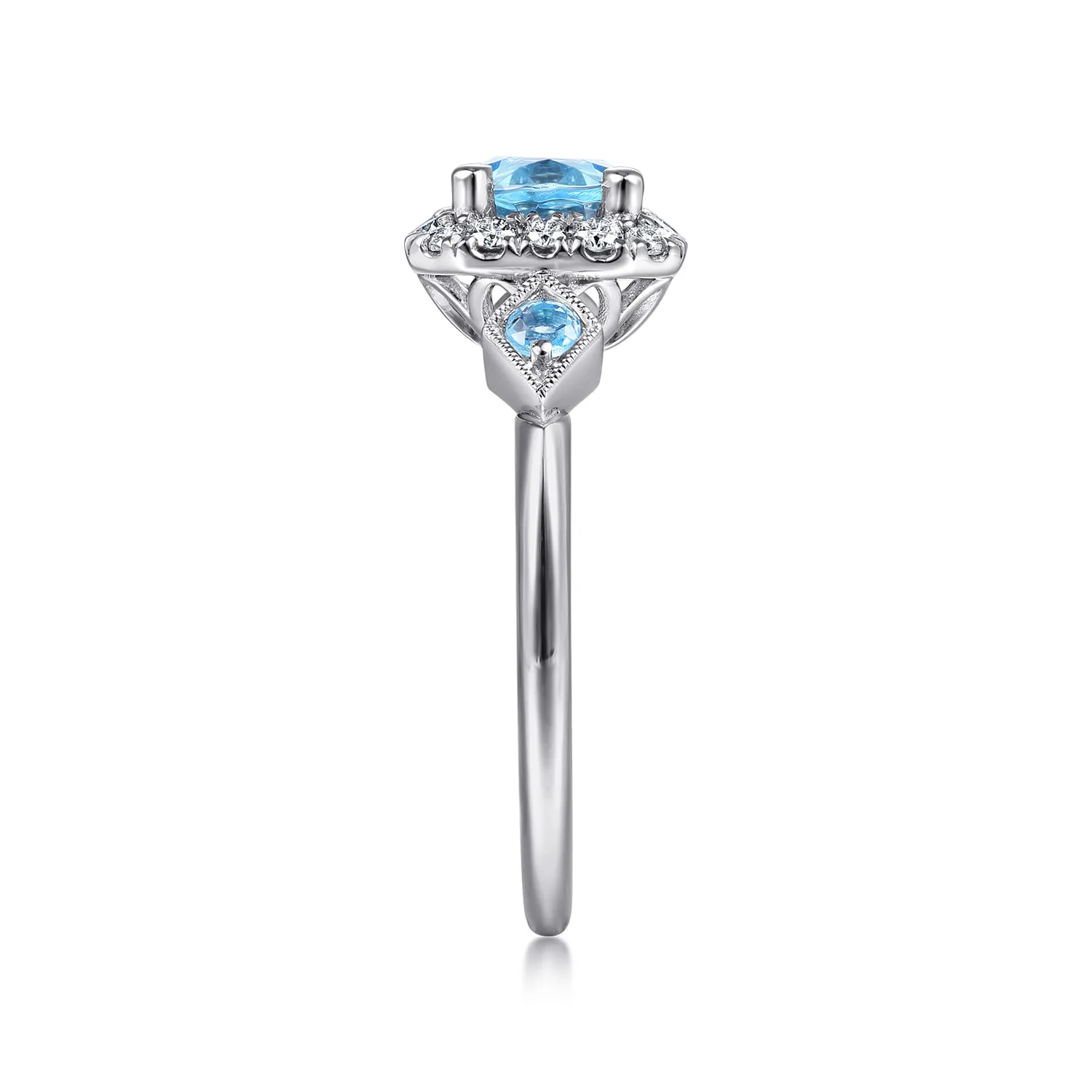 Three Stone Blue Topaz and Diamond Halo Ring in 14K White Gold, photograph 4