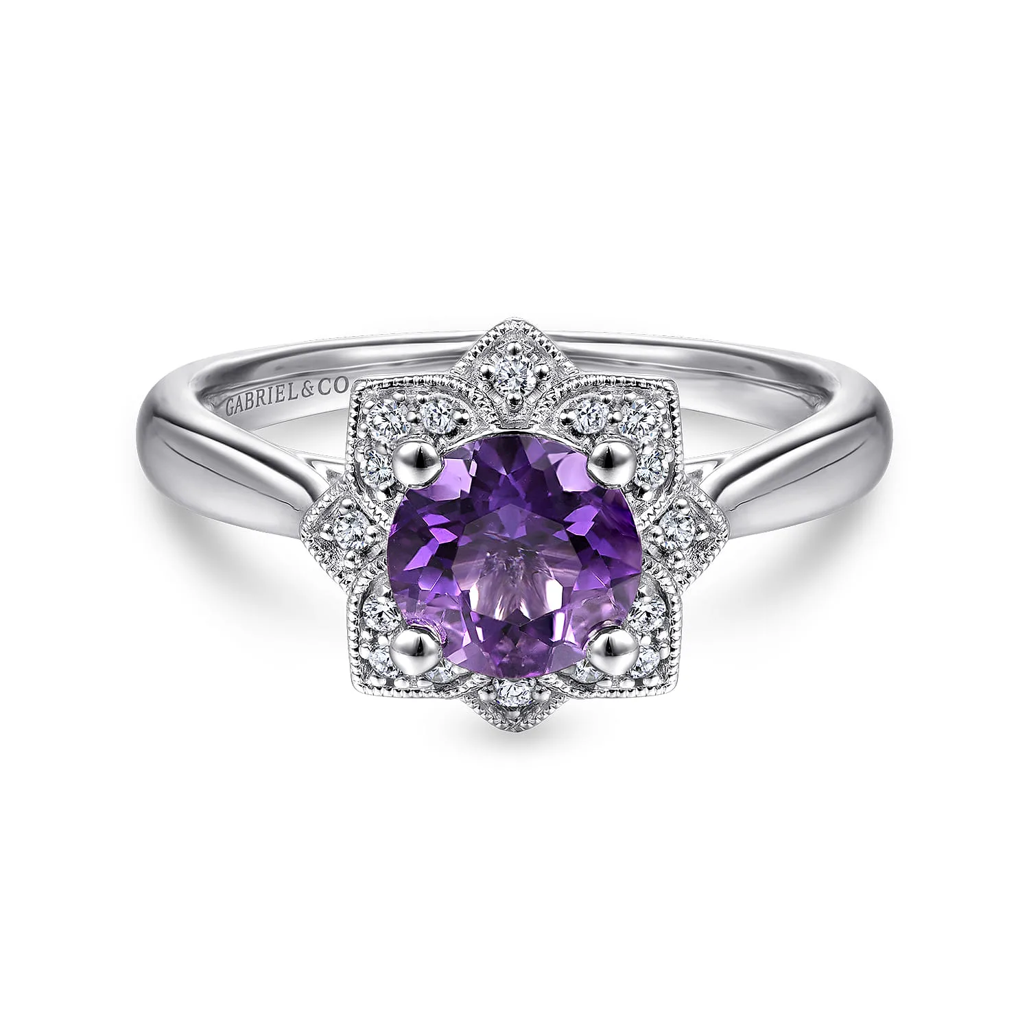 Vintage Inspired Round Amethyst and Diamond Flower Promise Ring