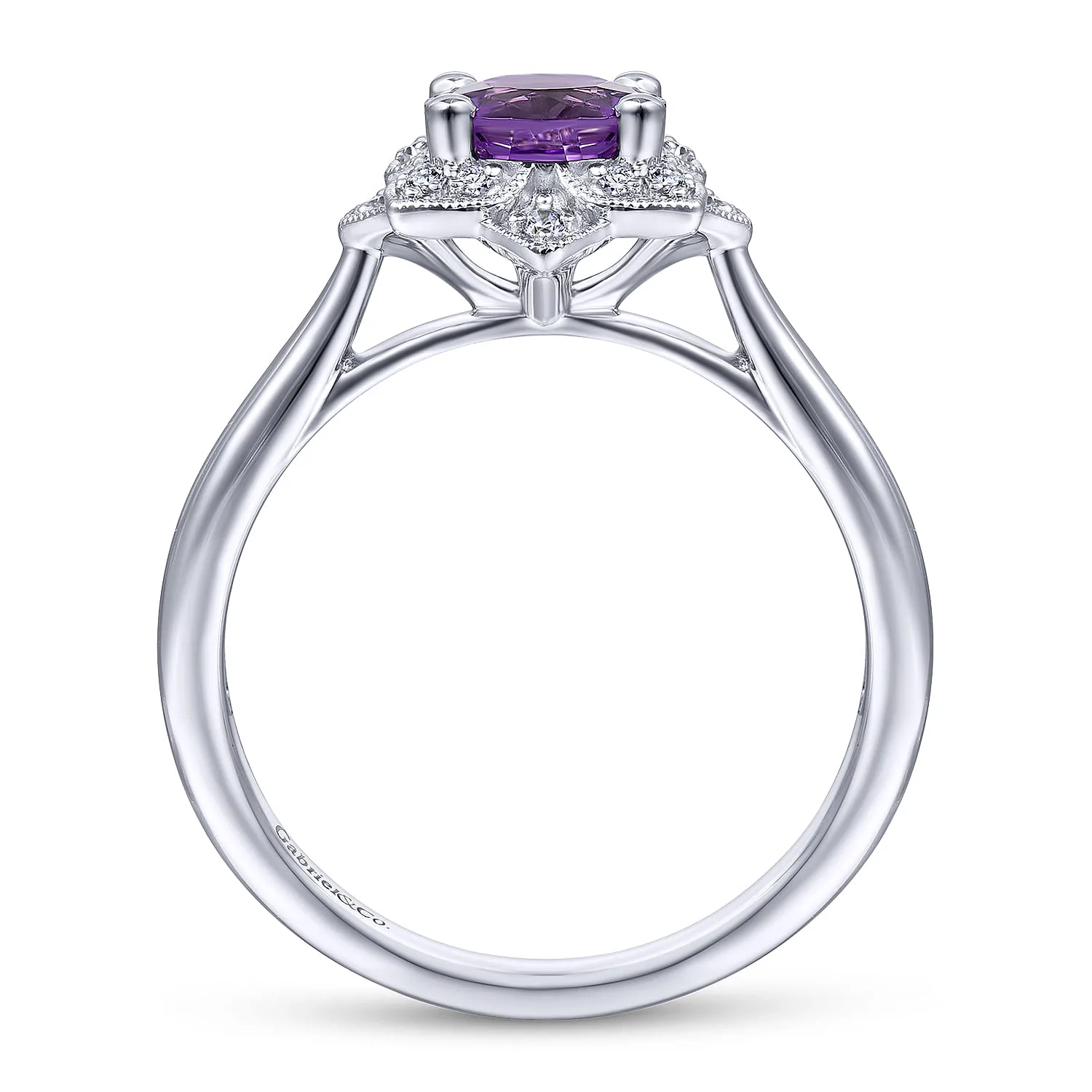 Vintage Inspired Round Amethyst and Diamond Flower Promise Ring in 14K White Gold, photograph 2