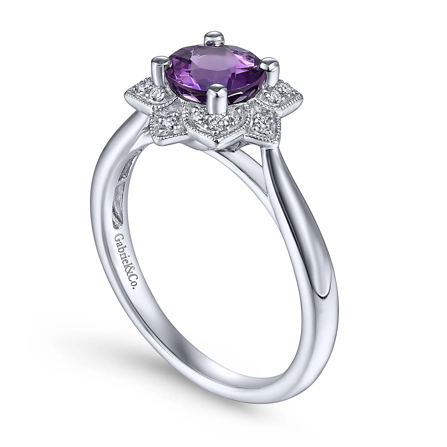 Vintage Inspired Round Amethyst and Diamond Flower Promise Ring in 14K White Gold, photograph 3