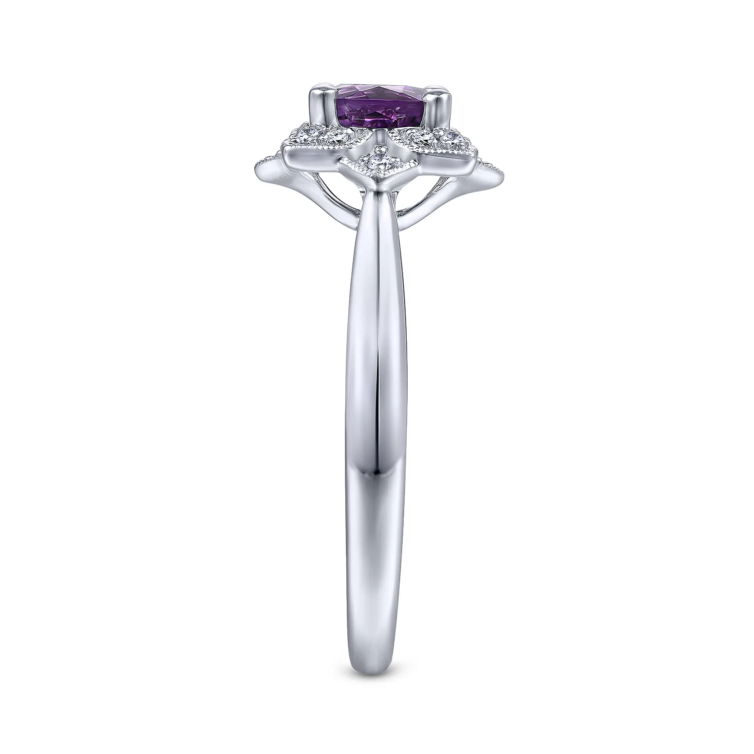 Vintage Inspired Round Amethyst and Diamond Flower Promise Ring in 14K White Gold, photograph 4