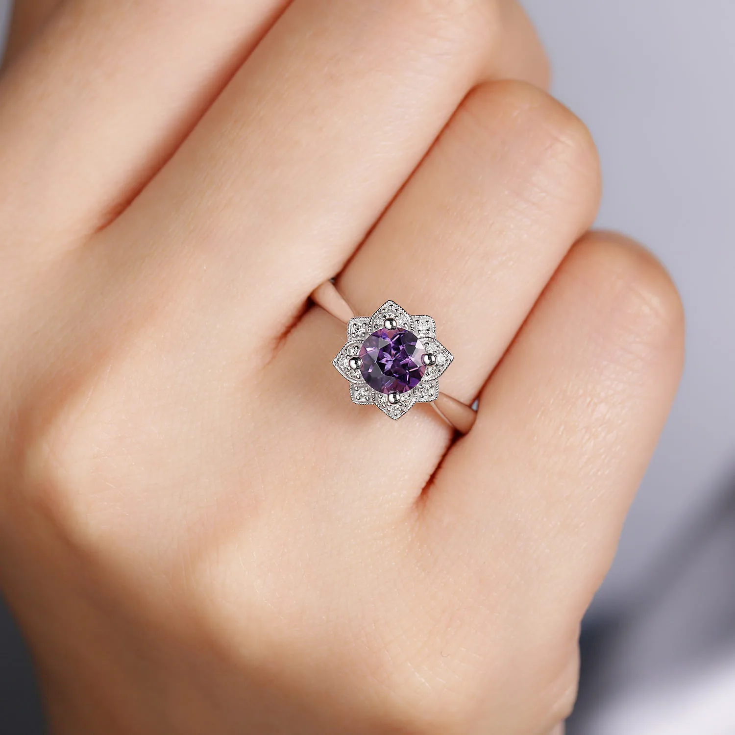 Vintage Inspired Round Amethyst and Diamond Flower Promise Ring in 14K White Gold, photograph 5