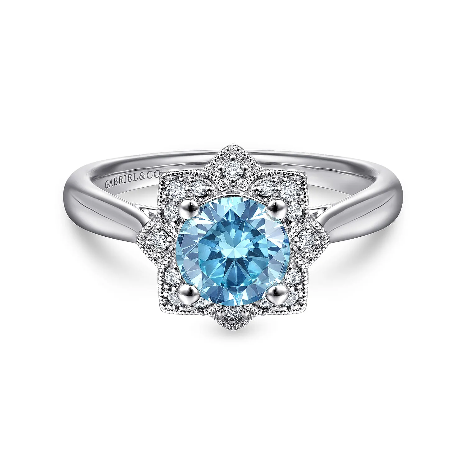Vintage Inspired Round Blue Topaz and Floral Diamond Halo Promise Ring