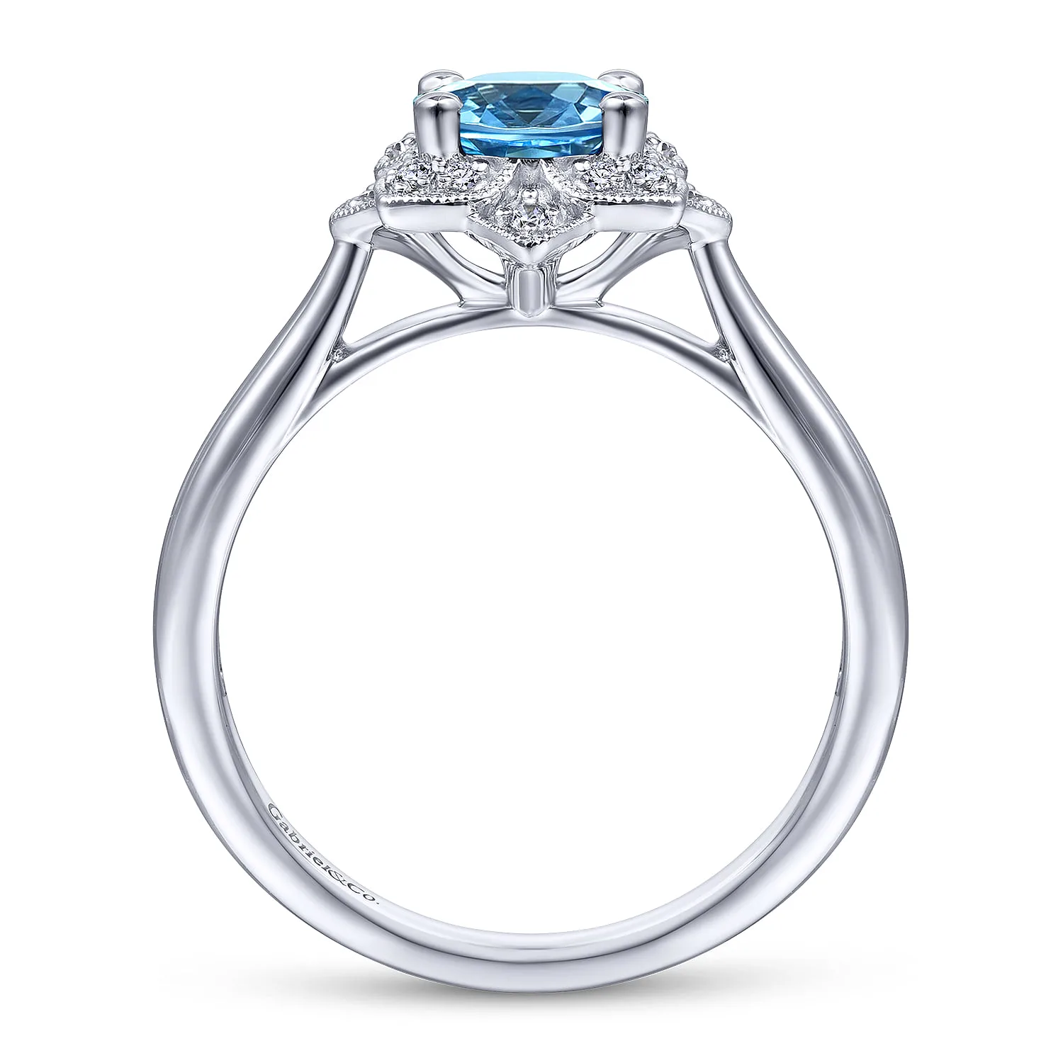 Vintage Inspired Round Blue Topaz and Floral Diamond Halo Promise Ring in 14K White Gold, photograph 2