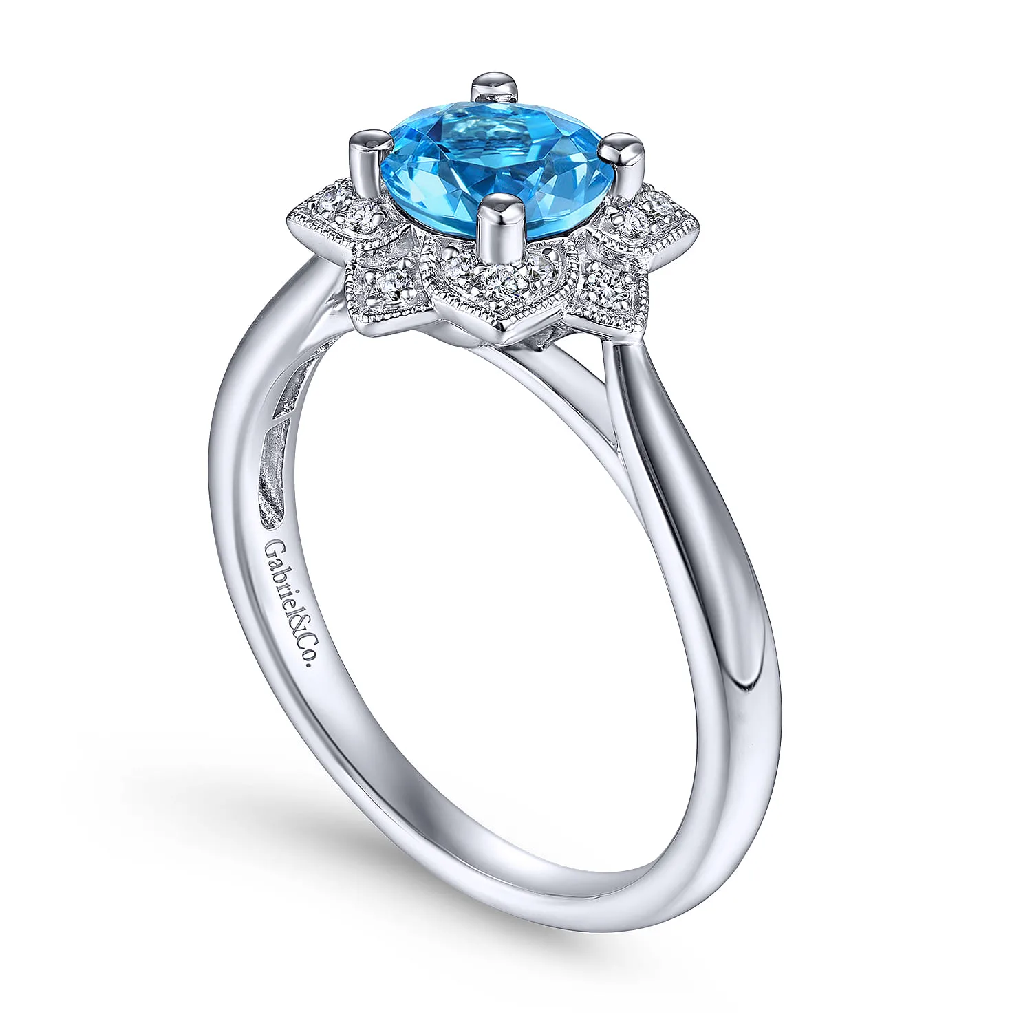 Vintage Inspired Round Blue Topaz and Floral Diamond Halo Promise Ring in 14K White Gold, photograph 3