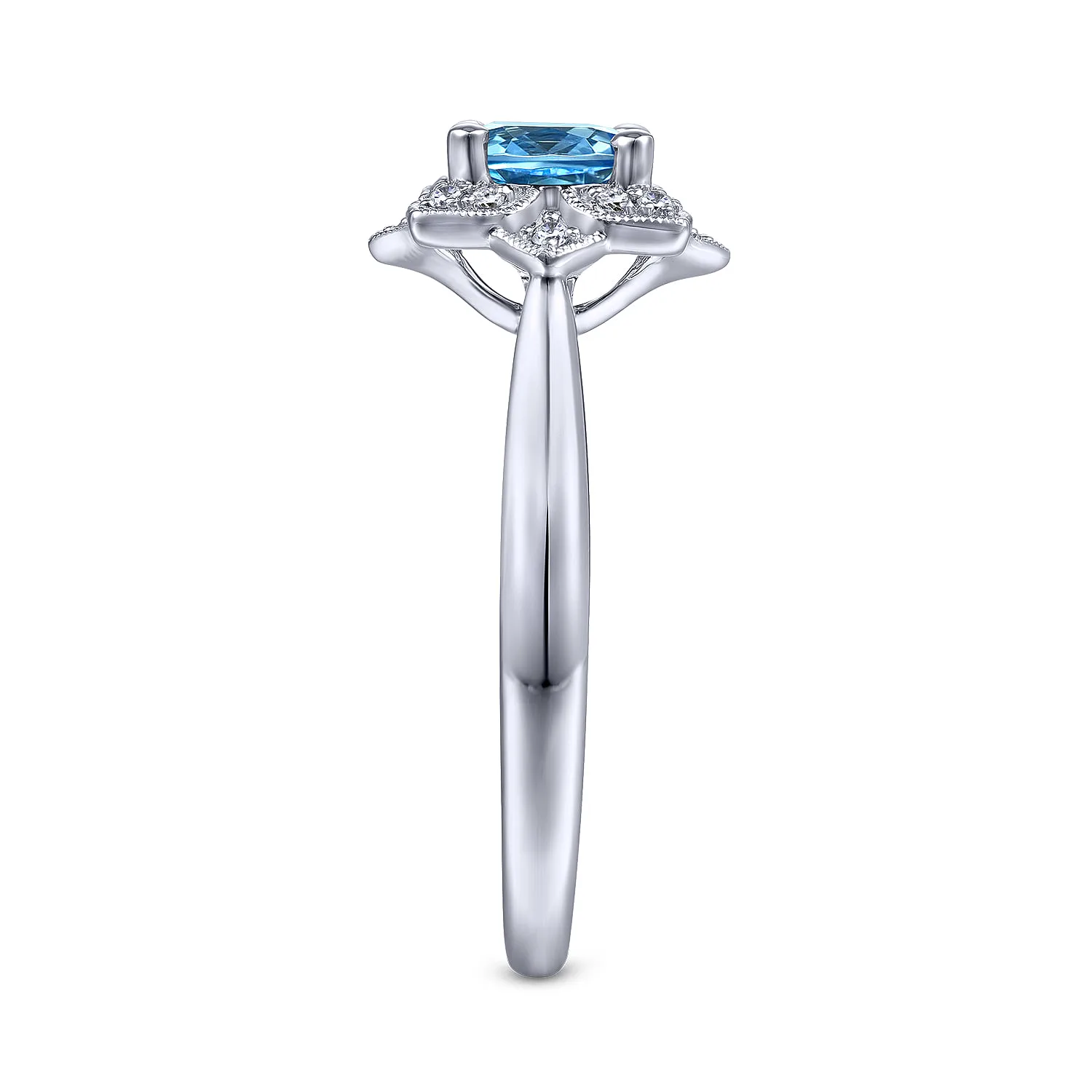 Vintage Inspired Round Blue Topaz and Floral Diamond Halo Promise Ring in 14K White Gold, photograph 4