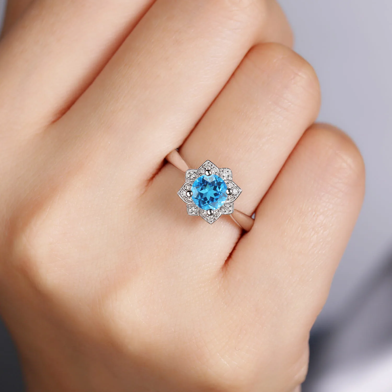 Vintage Inspired Round Blue Topaz and Floral Diamond Halo Promise Ring in 14K White Gold, photograph 5