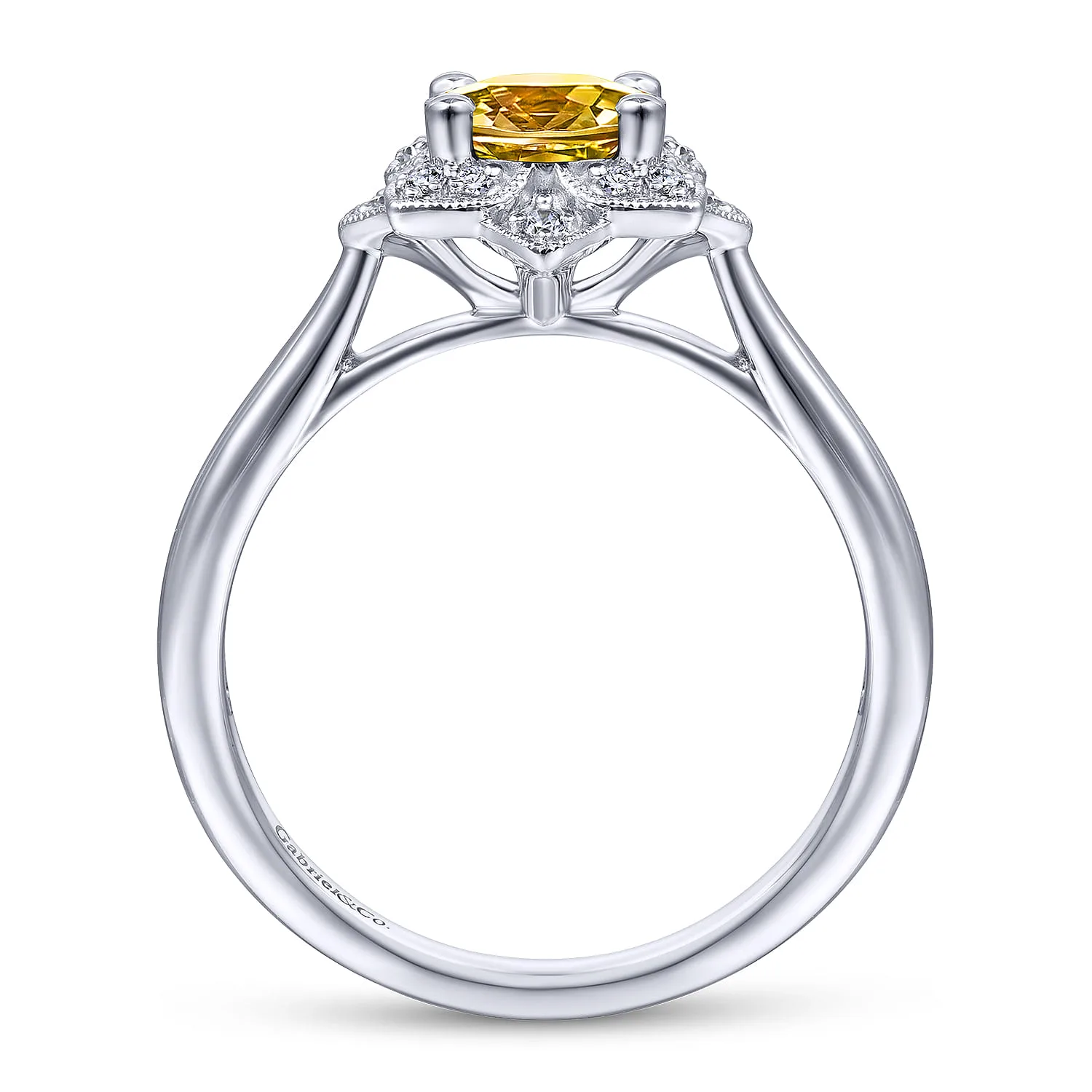Vintage Halo Citrine and Diamond Promise Ring in 14K White Gold, photograph 2