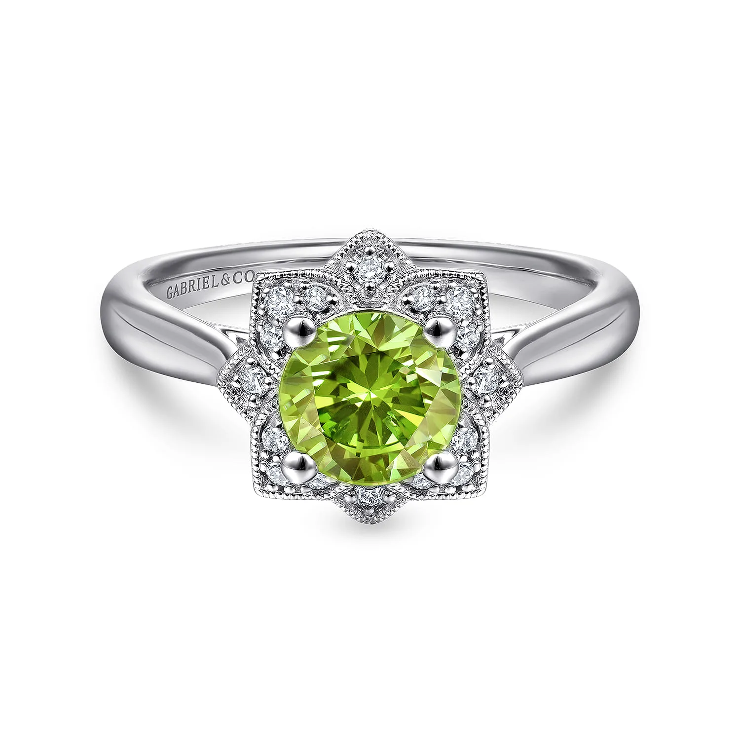 Vintage Inspired Round Peridot and Floral Diamond Halo Promise Ring