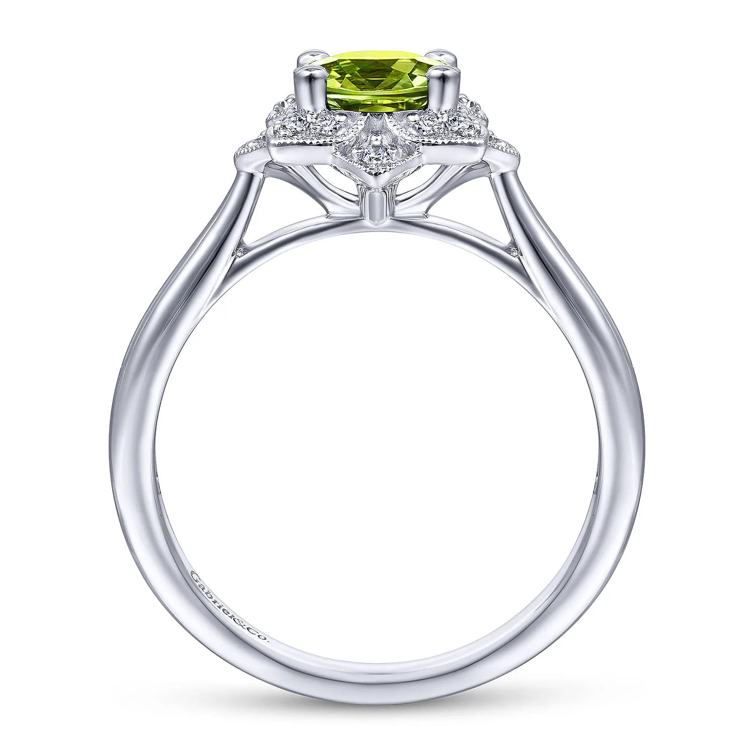 Vintage Inspired Round Peridot and Floral Diamond Halo Promise Ring in 14K White Gold, photograph 2