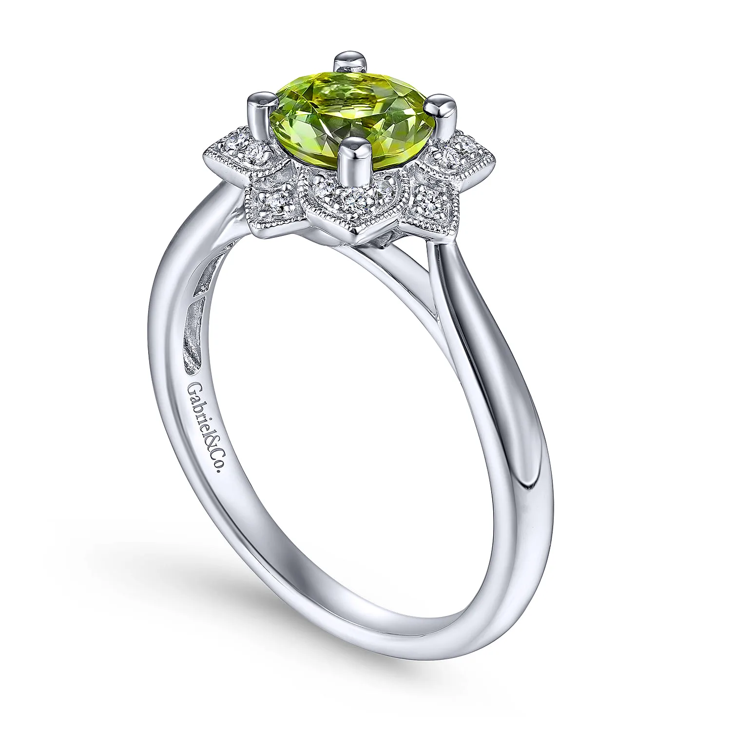 Vintage Inspired Round Peridot and Floral Diamond Halo Promise Ring in 14K White Gold, photograph 3