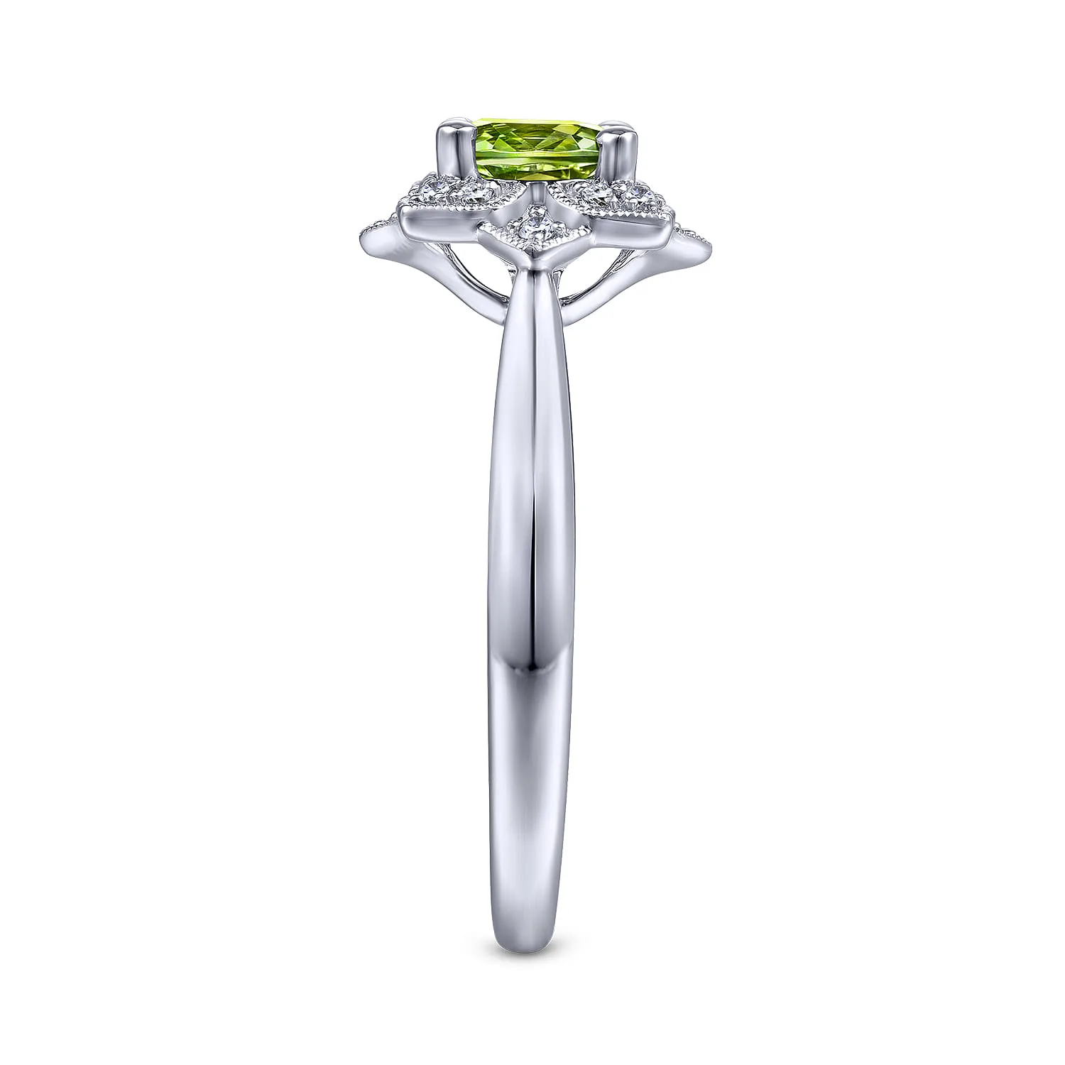 Vintage Inspired Round Peridot and Floral Diamond Halo Promise Ring in 14K White Gold, photograph 4